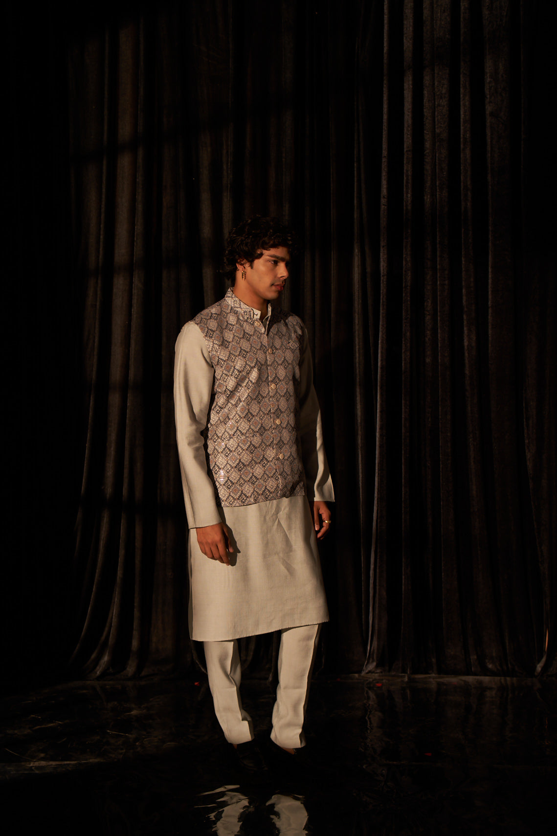 Silver Grey Viscose Kurta Set | Designer Printed Festive Couture Ensemble