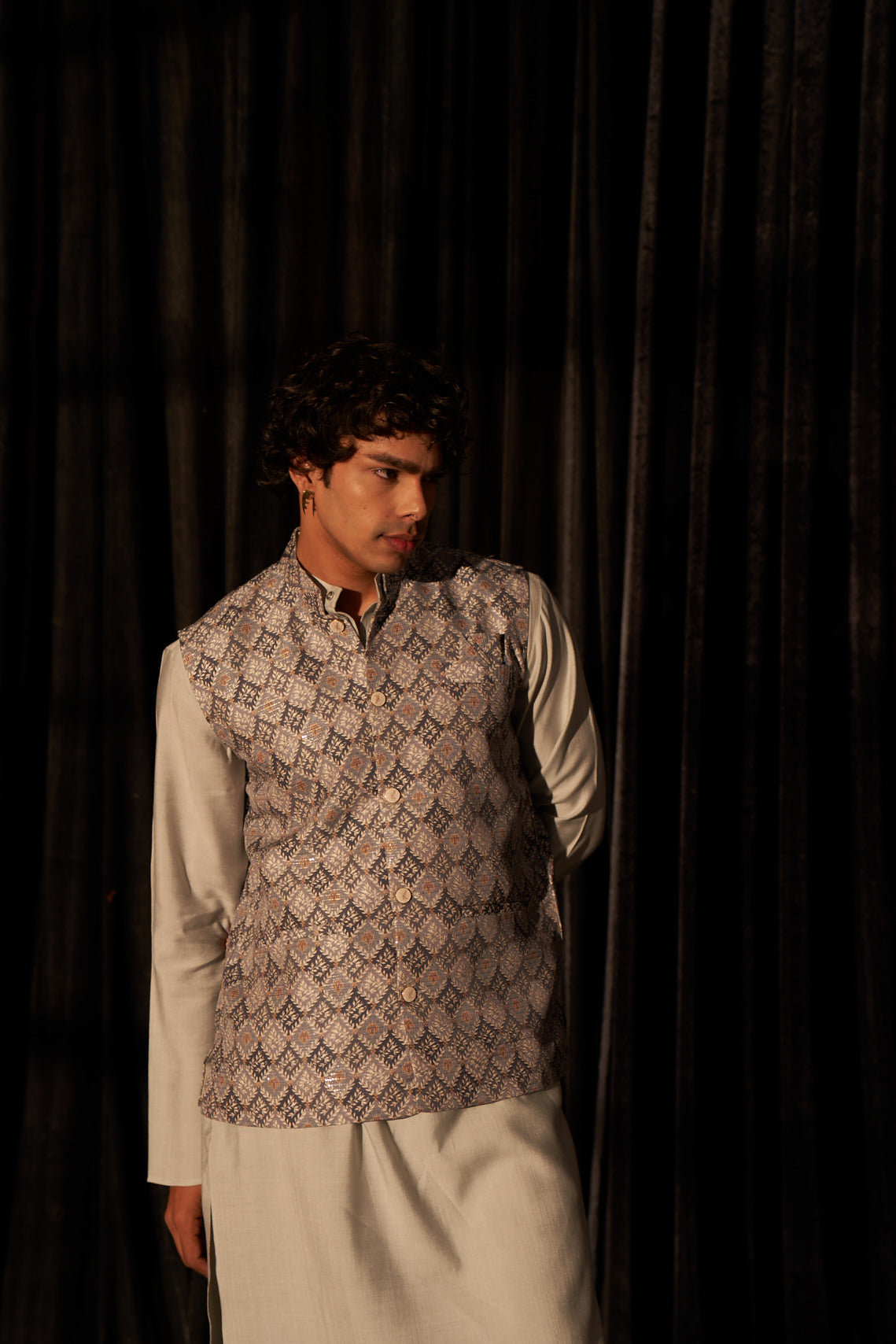 Silver Grey Viscose Kurta Set | Designer Printed Festive Couture Ensemble