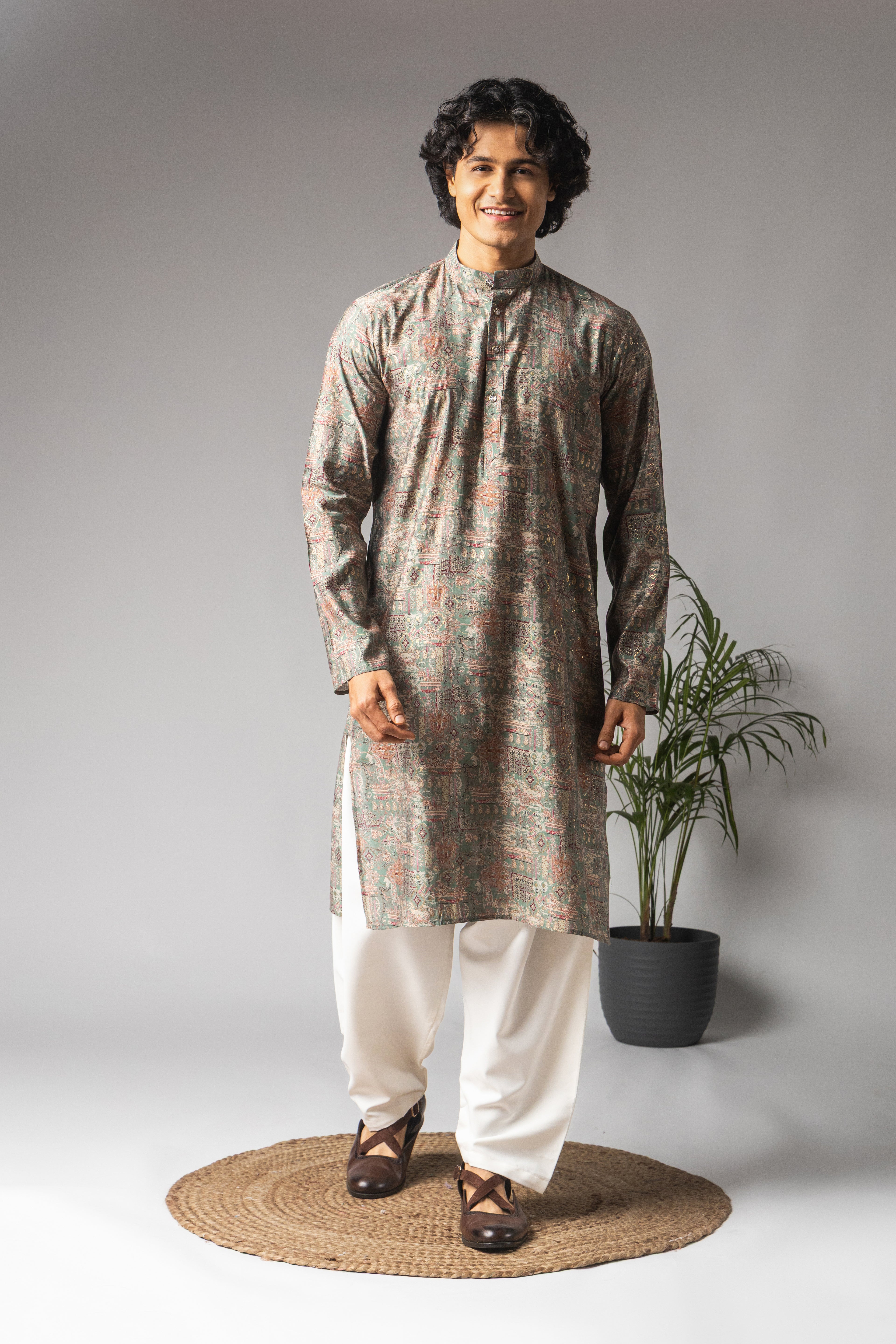 Ash Green Modal Silk Weaved Kurta with Payjama | Intricate Handwoven Motifs for Mehandi