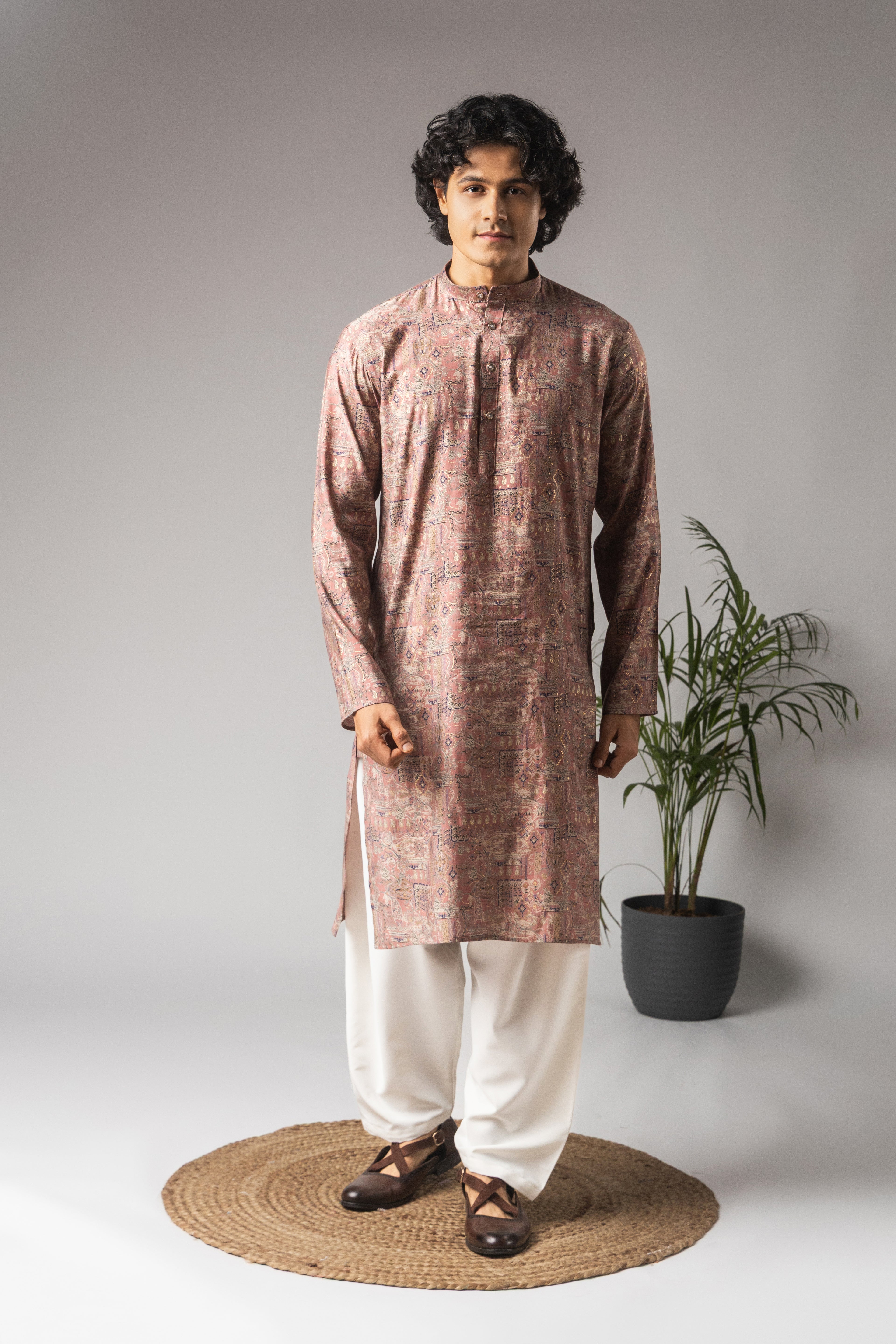 Soft Pink Modal Silk Weaved Kurta with Payjama | Intricate Handwoven Motifs for Haldi