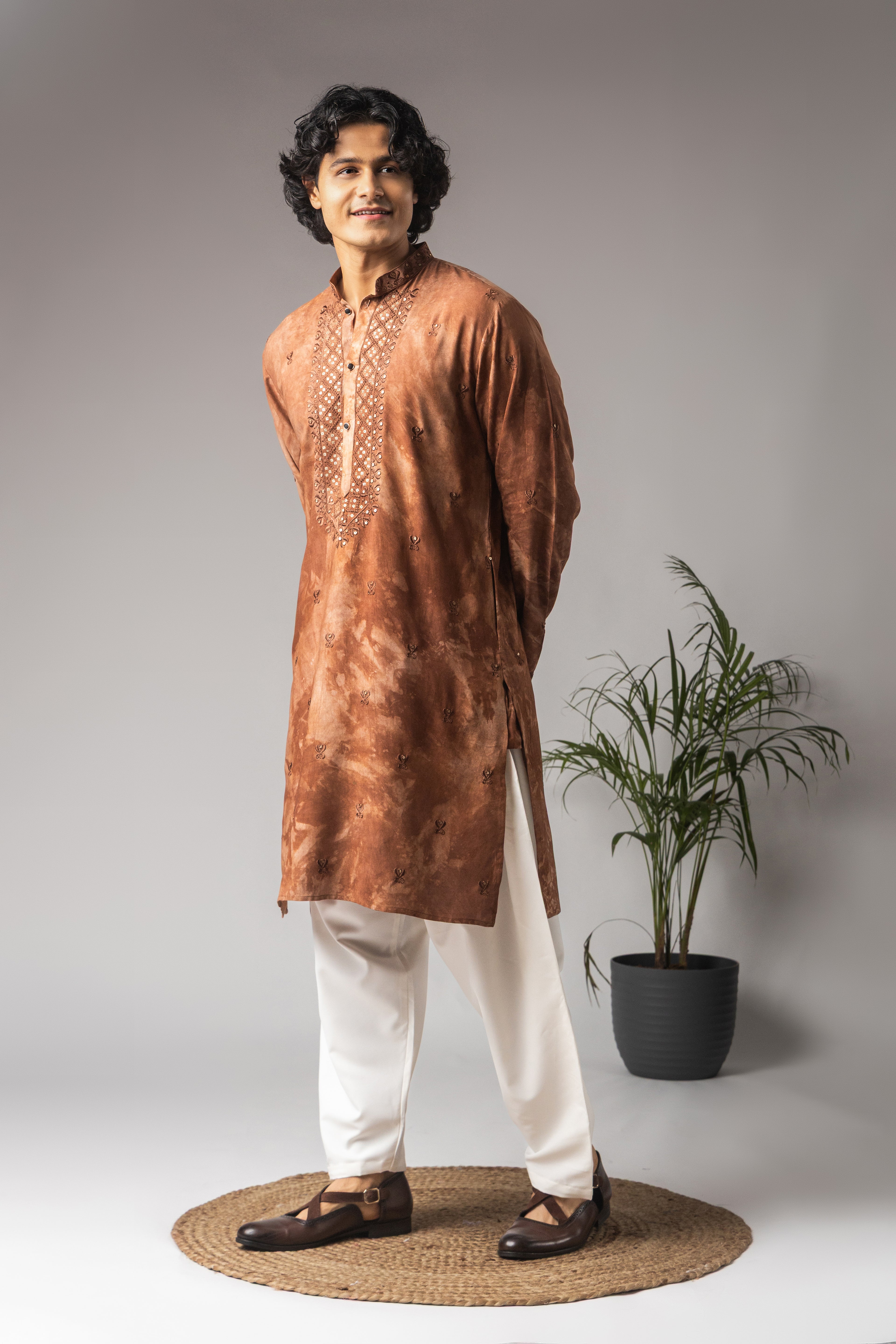 Earthy Reddish Brown Rayon Weaved Festive Kurta with Payjama | Intricate Handwoven Motifs