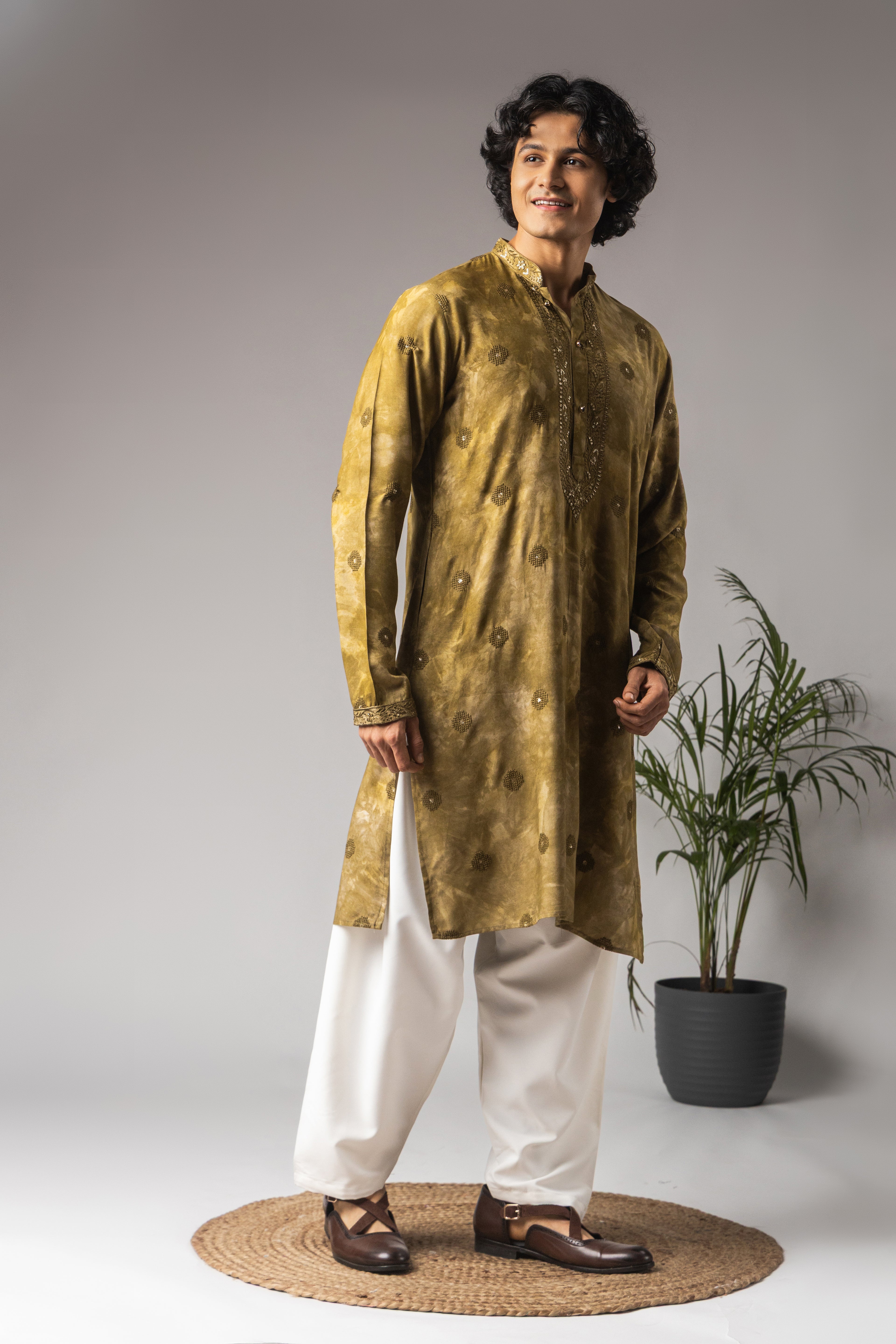 Vibrant Tie Dye Green Rayon Weaved Festive Kurta with Payjama | Intricate Handwoven Motifs