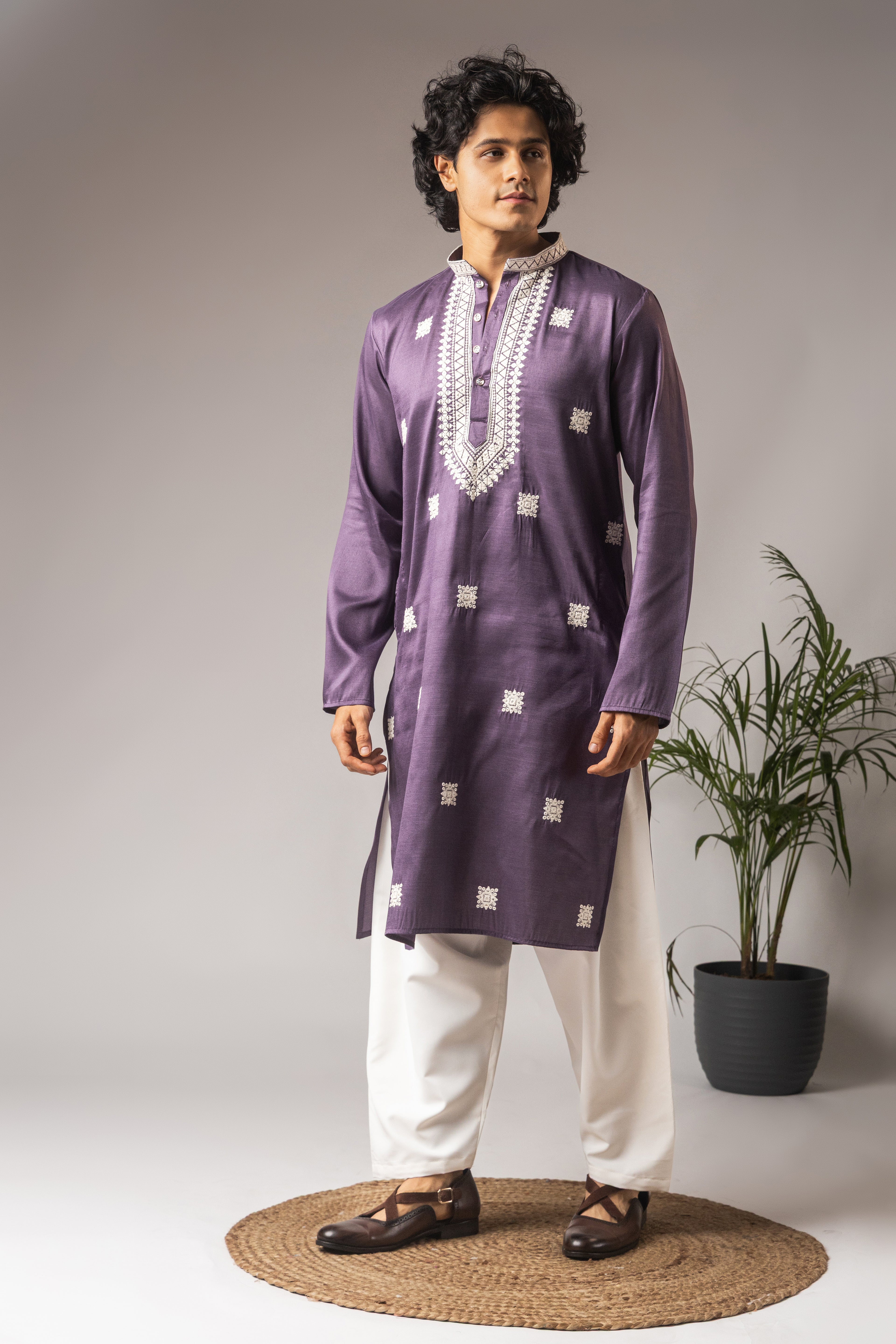: Regal Purple Super Silk Weaved Festive Kurta with Payjama | Intricate Handwoven Motifs