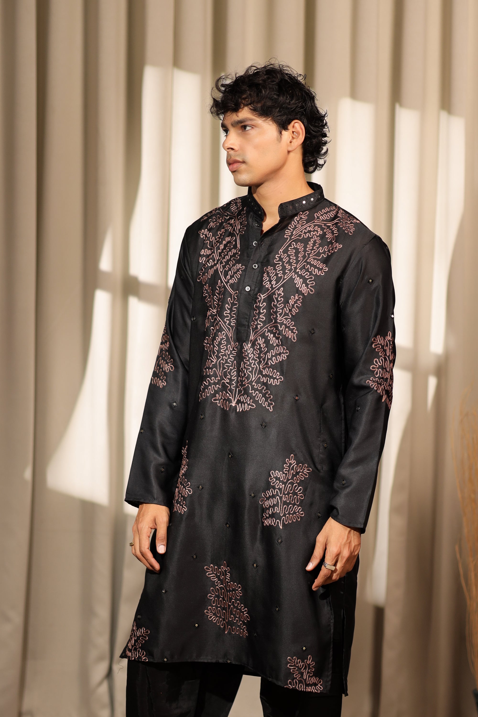 Black Greek Satin Embroidered Kurta | Intricate Weaved Design with Cotton Bottom