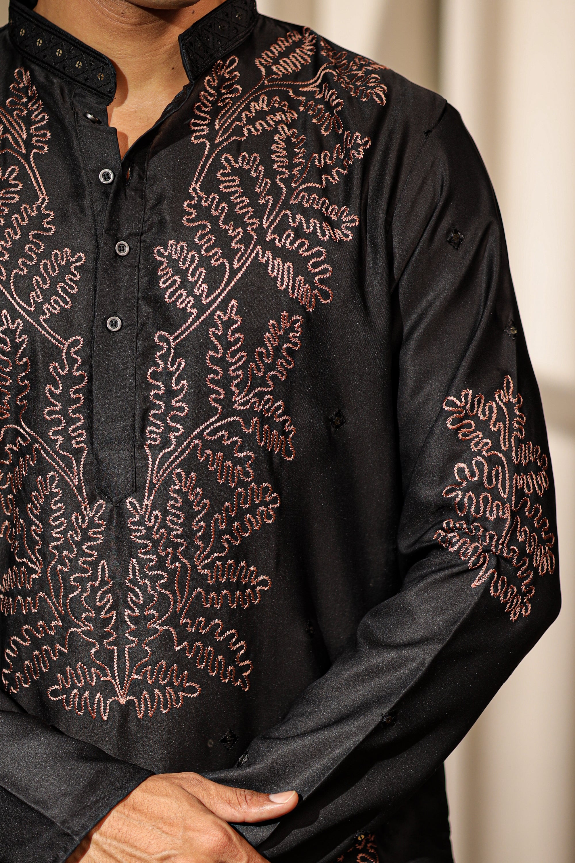 Black Greek Satin Embroidered Kurta | Intricate Weaved Design with Cotton Bottom