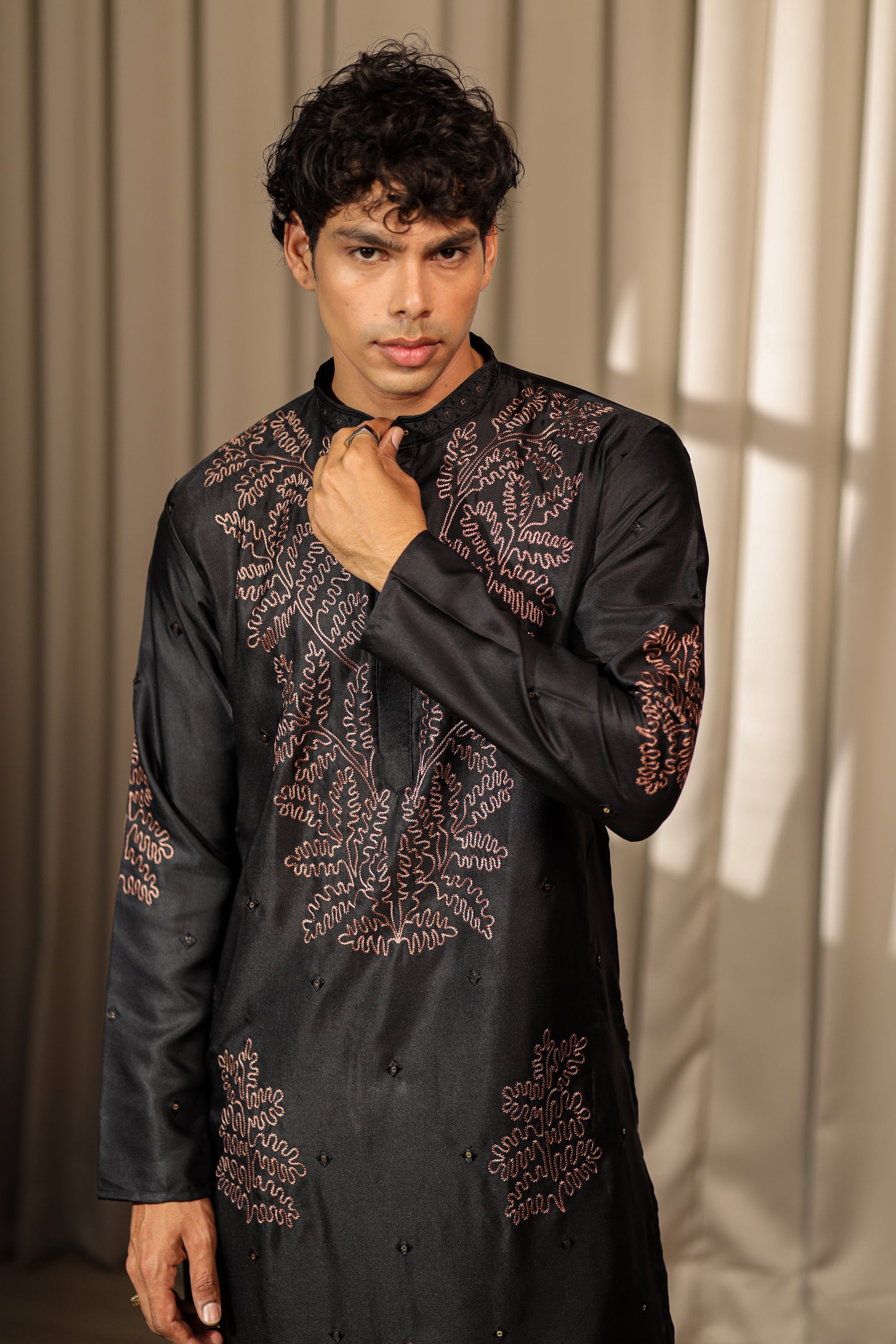 Black Greek Satin Embroidered Kurta | Intricate Weaved Design with Cotton Bottom