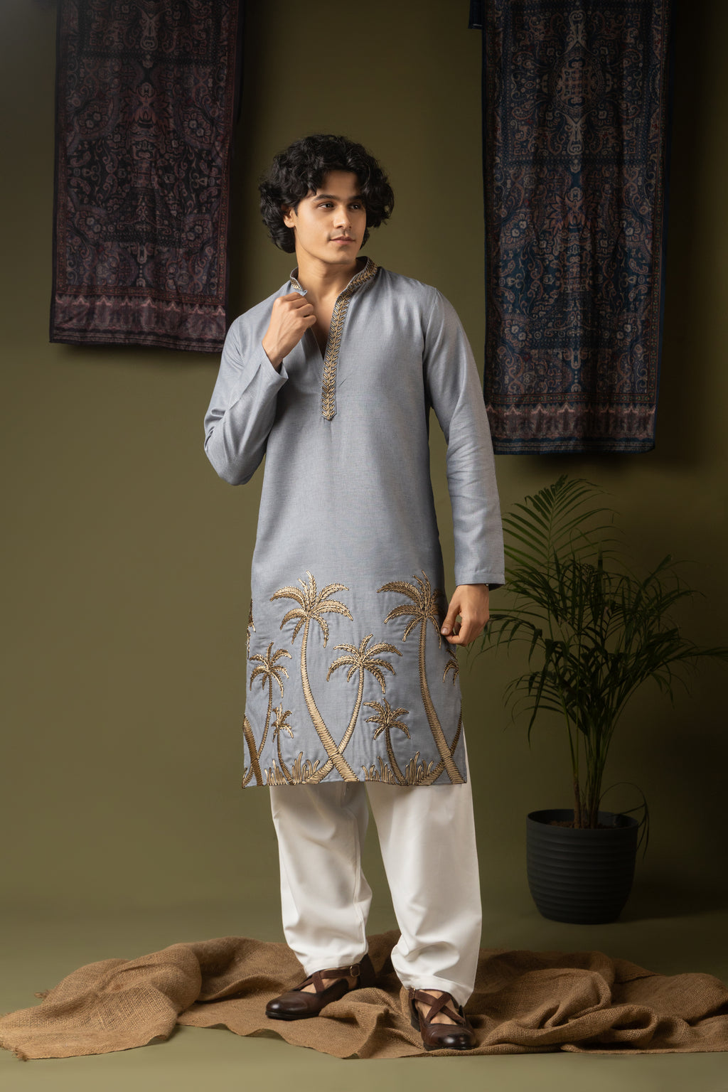 Sophisticated Greyish Blue Linen Kurta Set | Hand-Weaved Embroidered Haldi Special