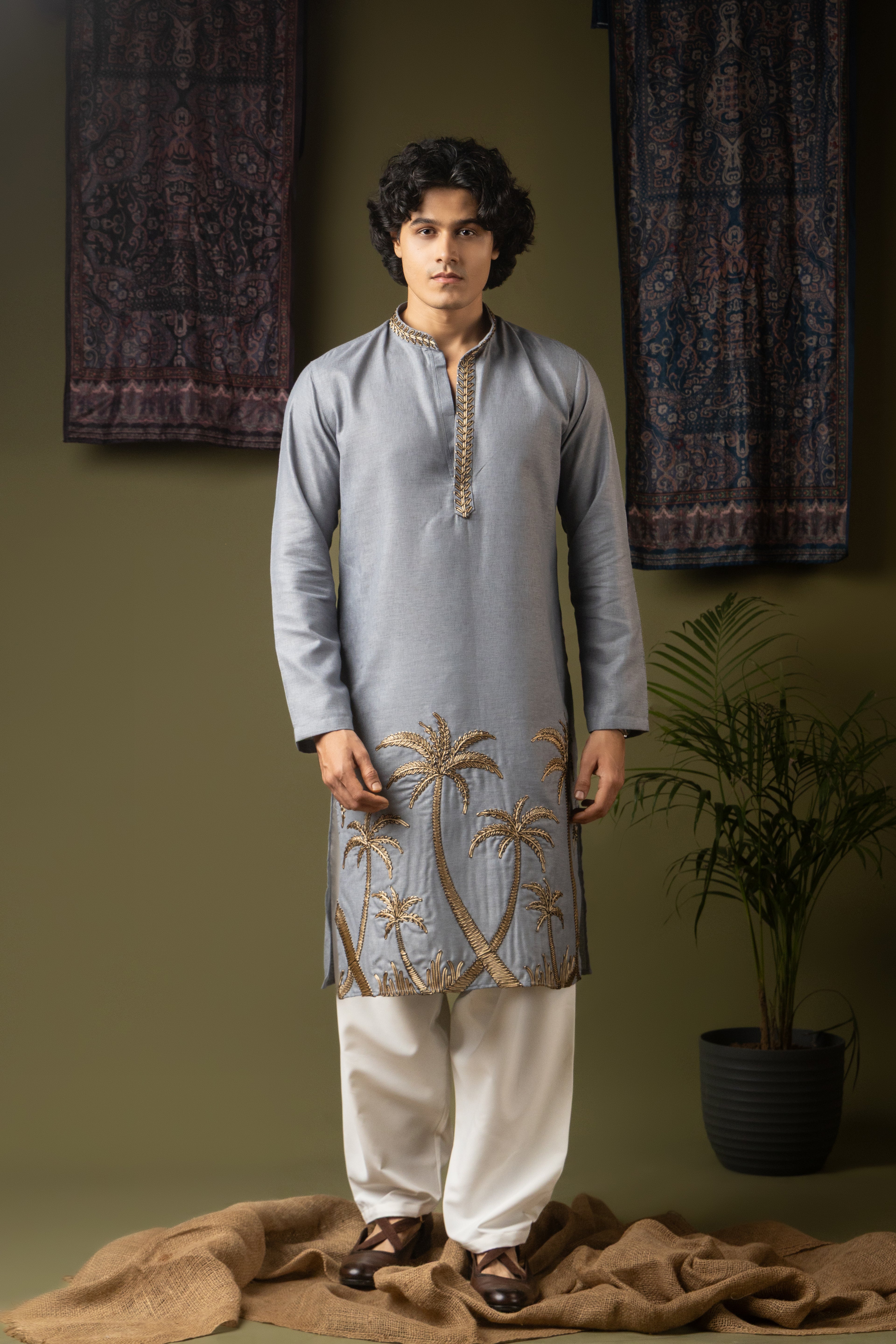 Sophisticated Greyish Blue Linen Kurta Set | Hand-Weaved Embroidered Haldi Special