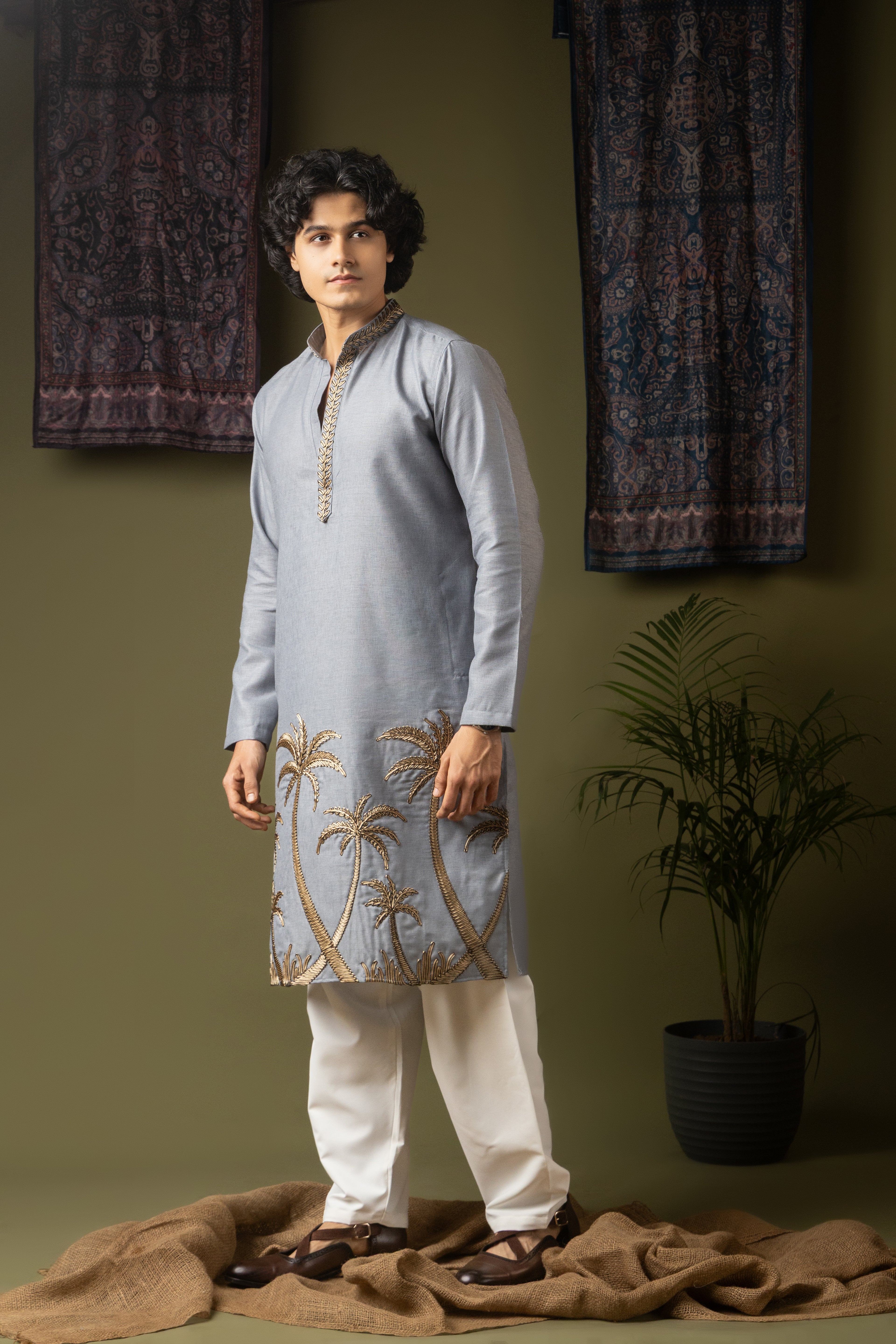 Sophisticated Greyish Blue Linen Kurta Set | Hand-Weaved Embroidered Haldi Special