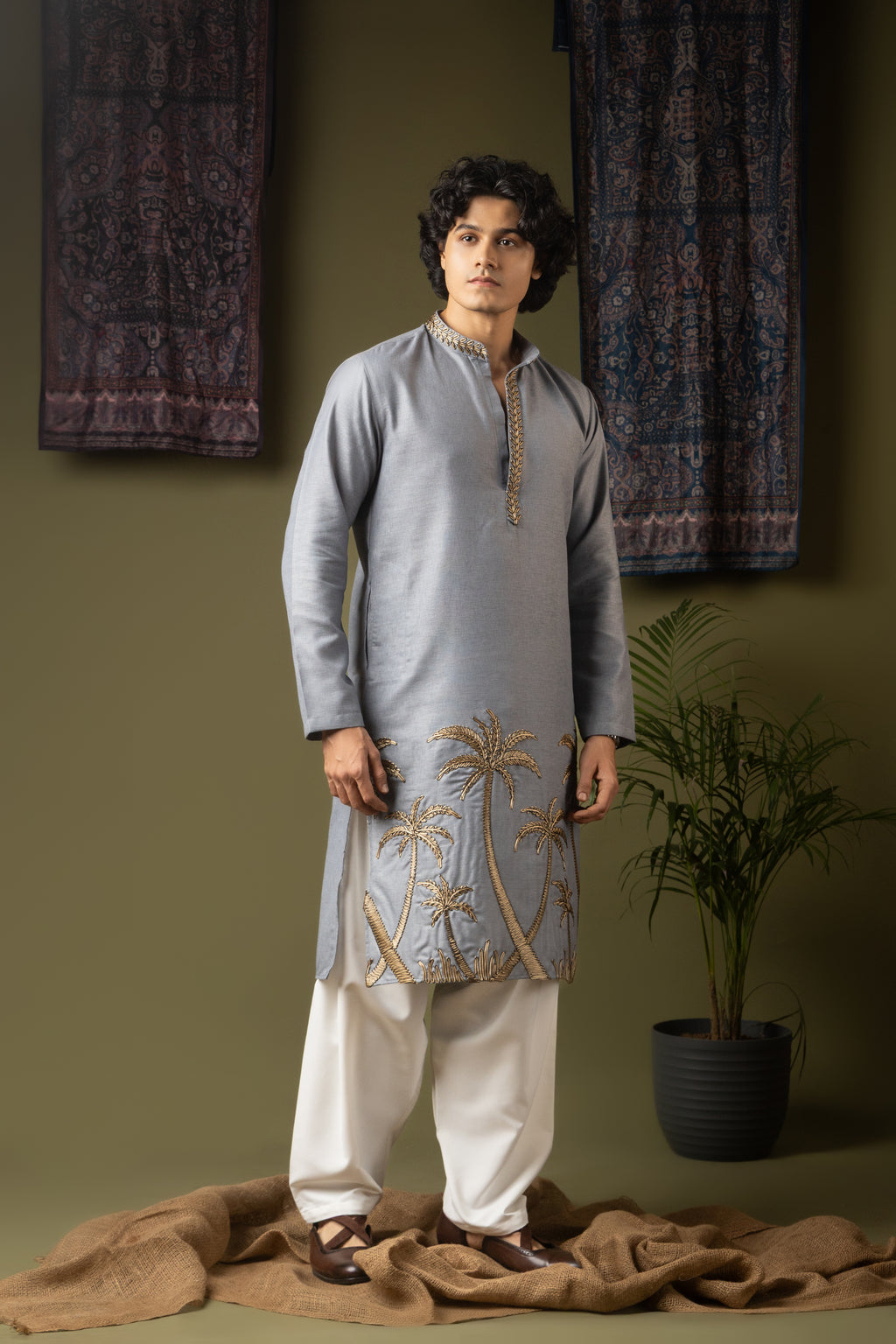 Sophisticated Greyish Blue Linen Kurta Set | Hand-Weaved Embroidered Haldi Special