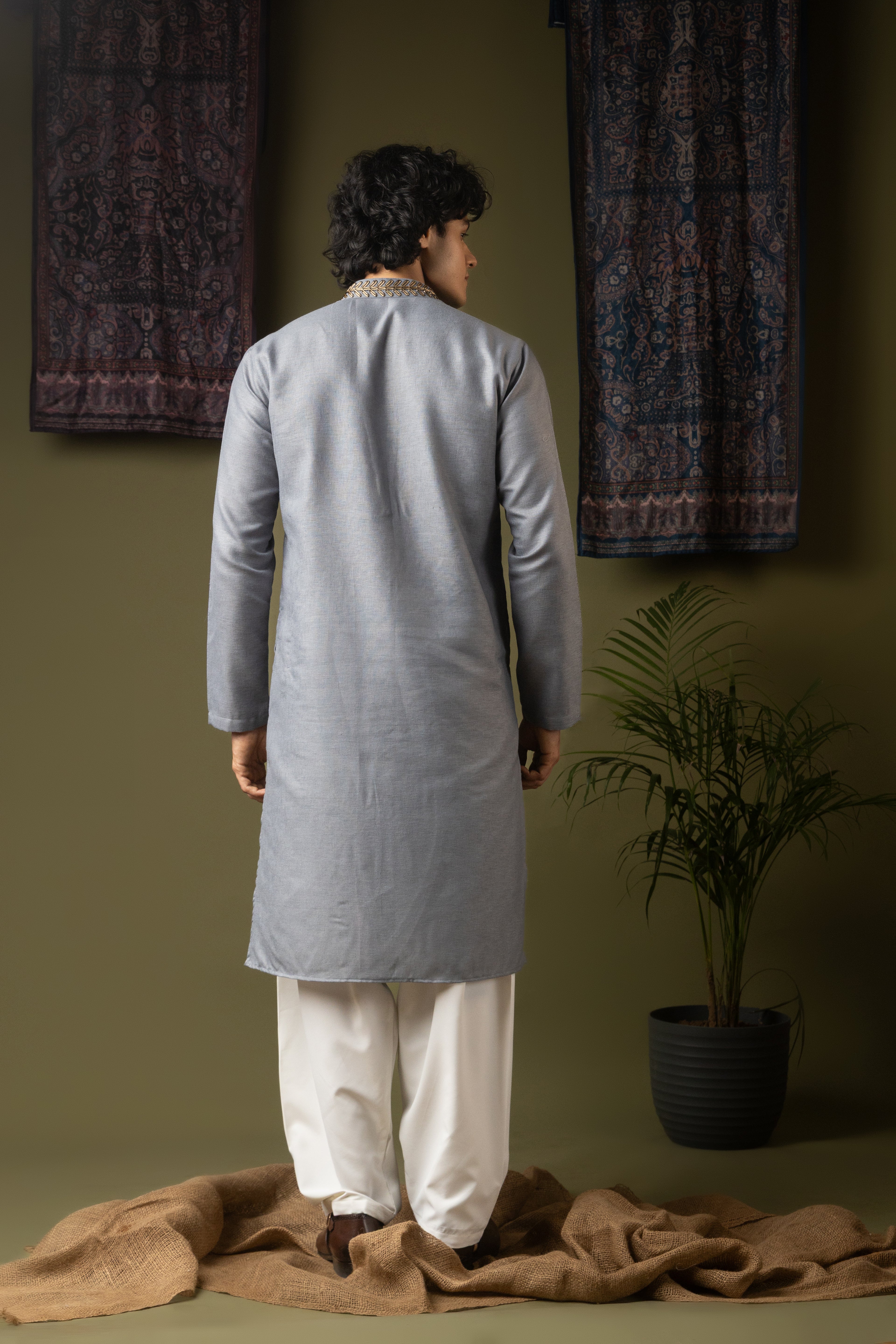 Sophisticated Greyish Blue Linen Kurta Set | Hand-Weaved Embroidered Haldi Special