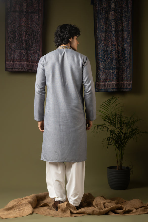 Sophisticated Greyish Blue Linen Kurta Set | Hand-Weaved Embroidered Haldi Special