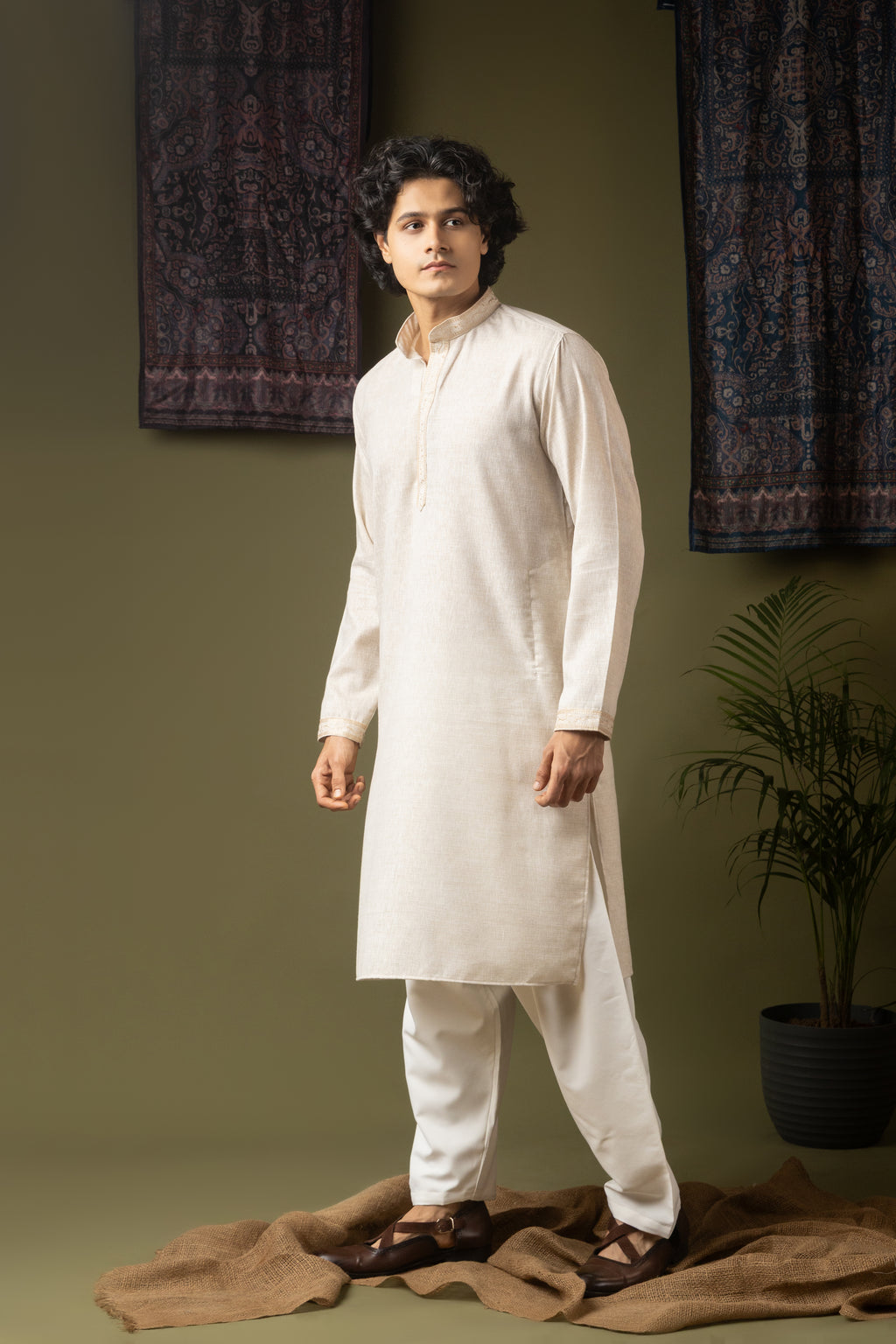 Pure Off White Linen Kurta Set | Hand-Weaved Embroidered Festive Ensemble