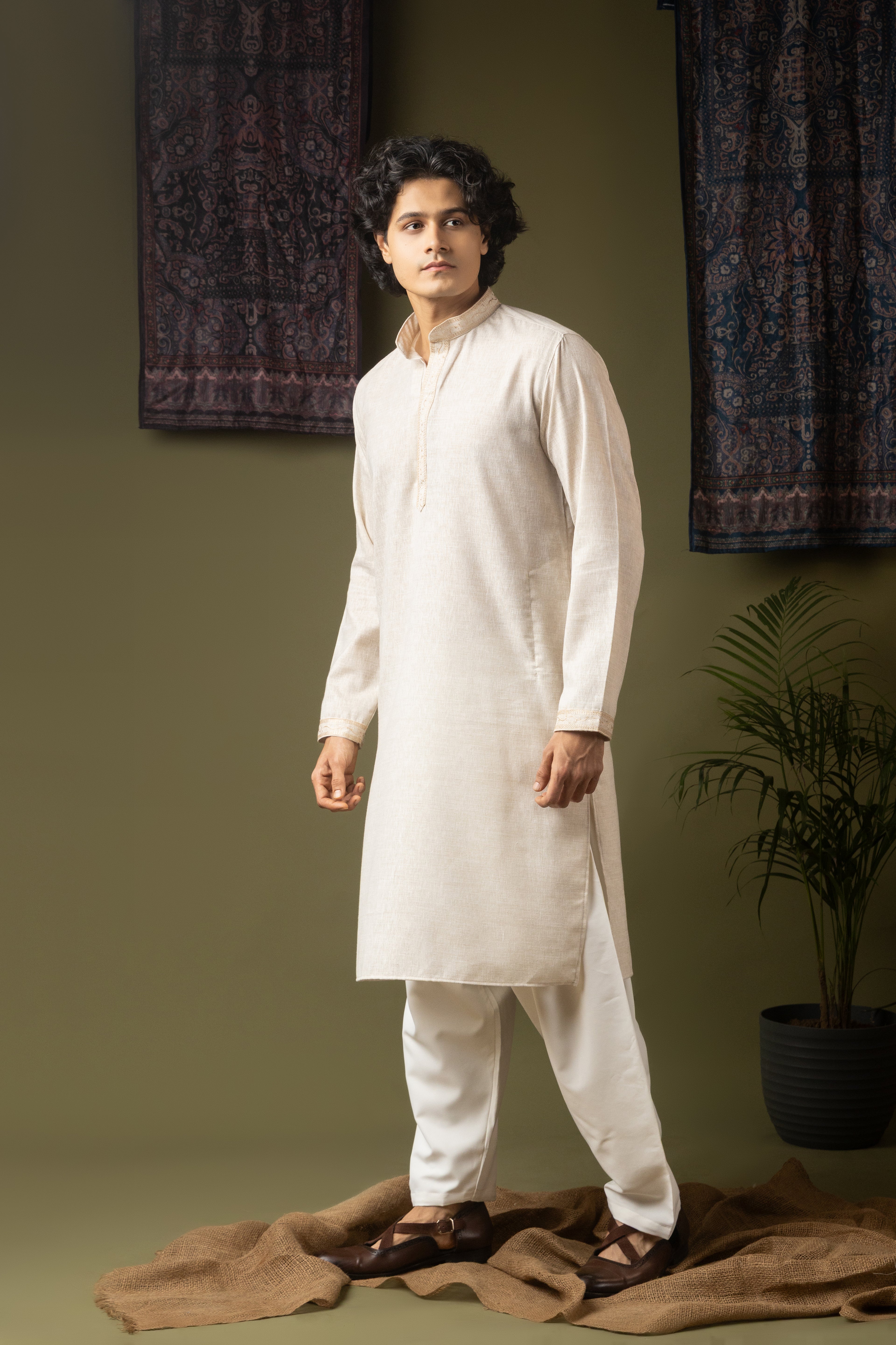 Pure Off White Linen Kurta Set | Hand-Weaved Embroidered Festive Ensemble