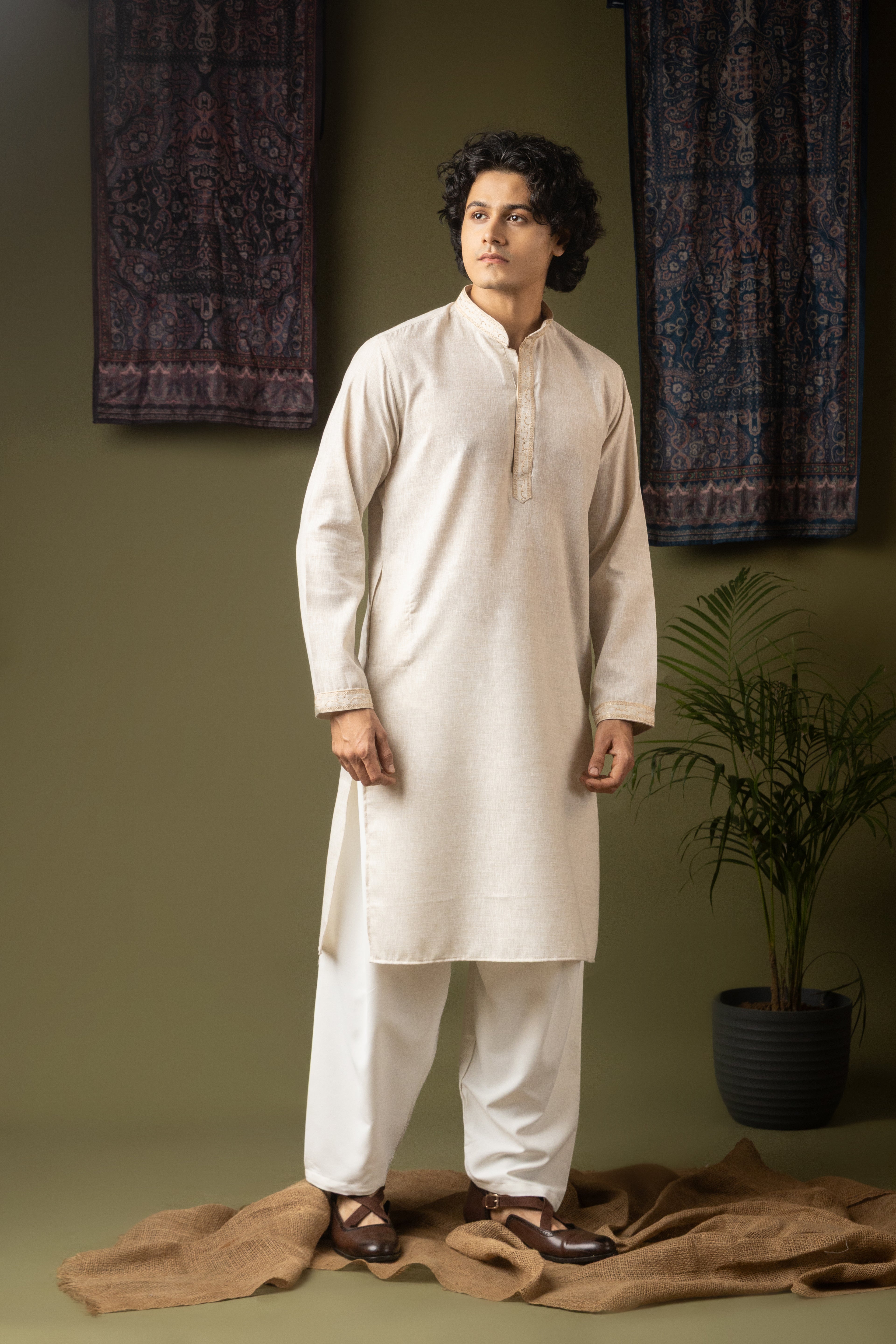Pure Off White Linen Kurta Set | Hand-Weaved Embroidered Festive Ensemble