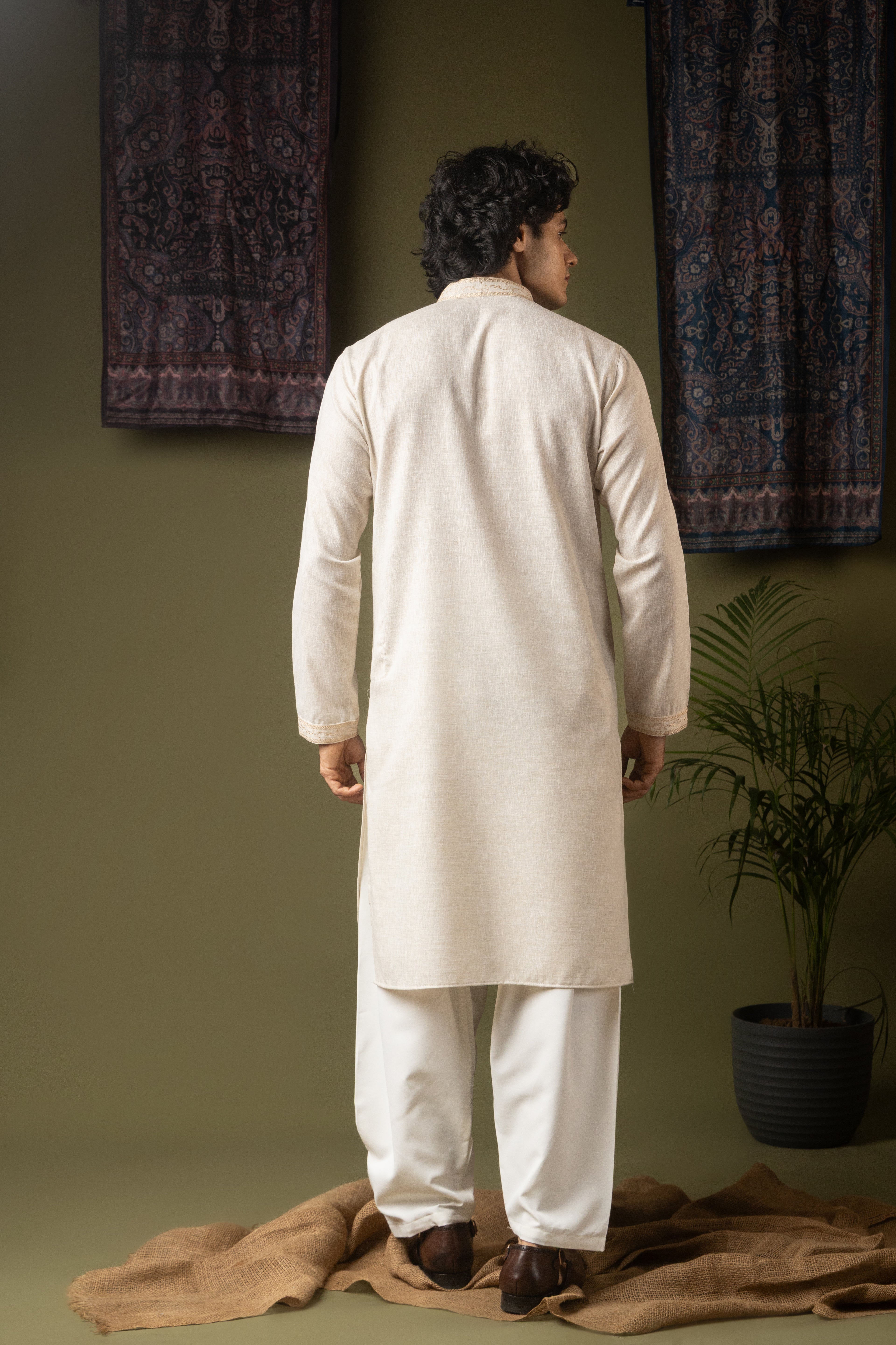 Pure Off White Linen Kurta Set | Hand-Weaved Embroidered Festive Ensemble
