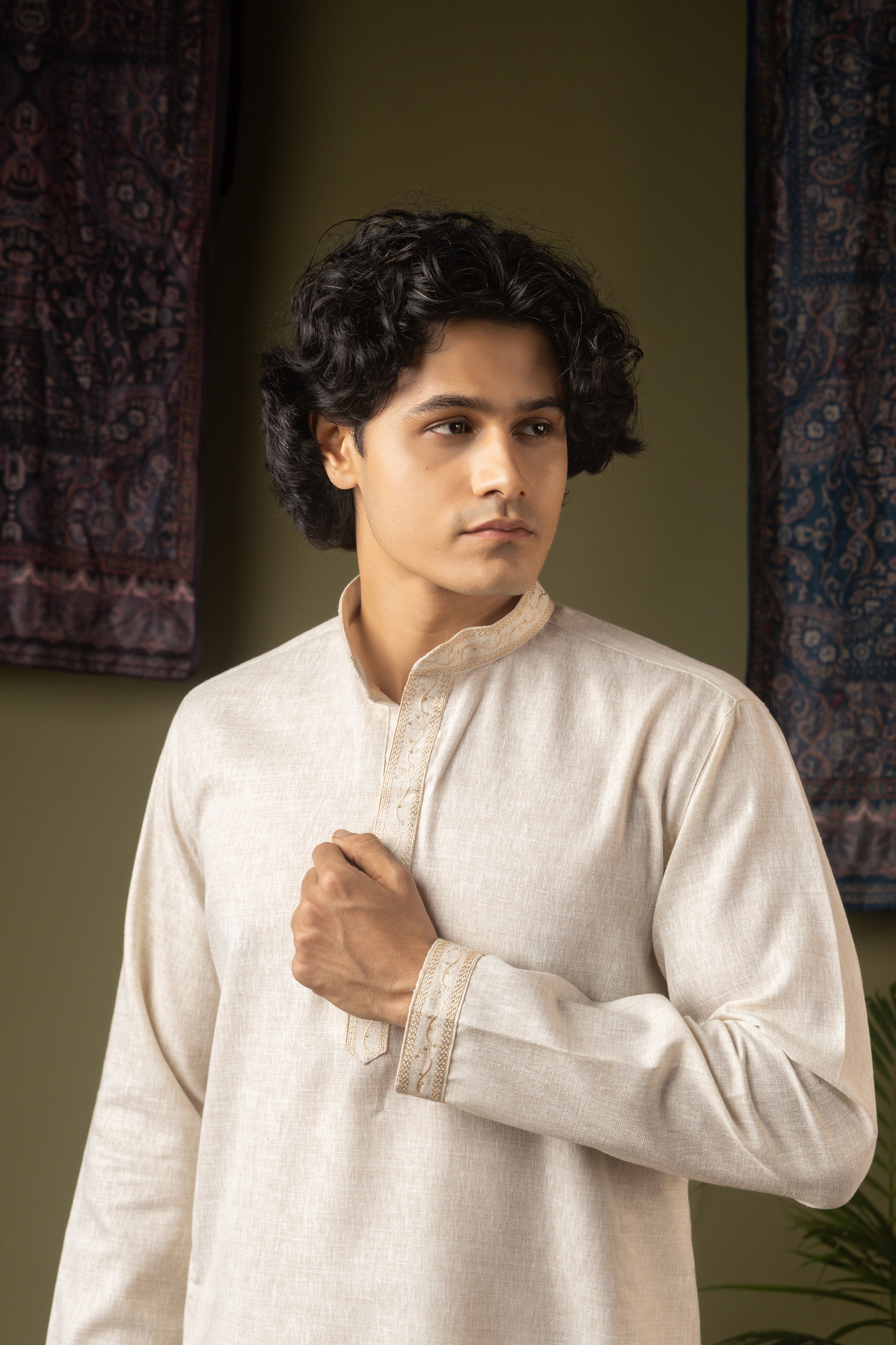 Pure Off White Linen Kurta Set | Hand-Weaved Embroidered Festive Ensemble