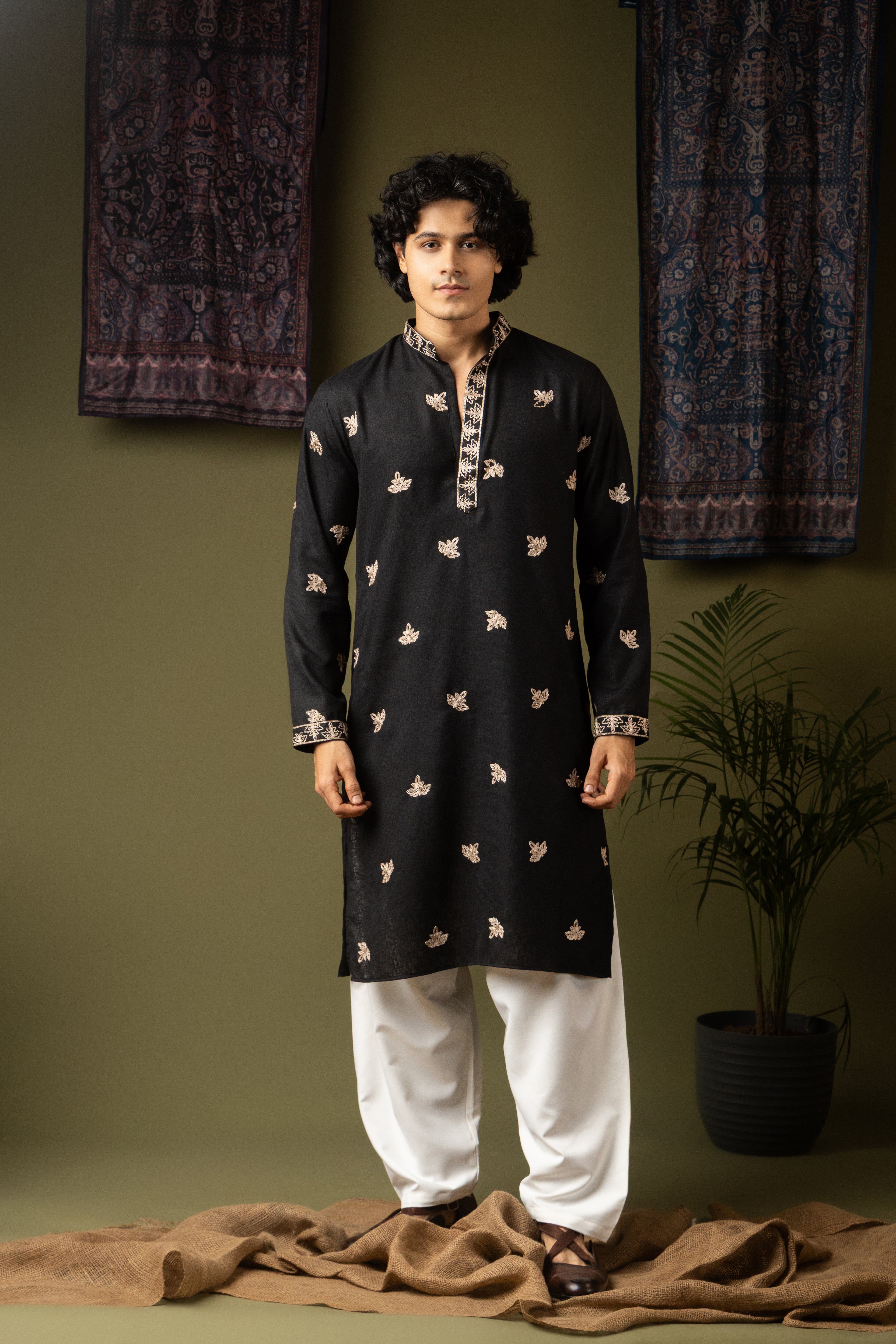 Striking Black Linen Kurta Set | Hand-Weaved Embroidered Mehandi Special