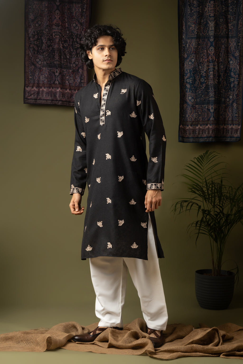 Striking Black Linen Kurta Set | Hand-Weaved Embroidered Mehandi Special