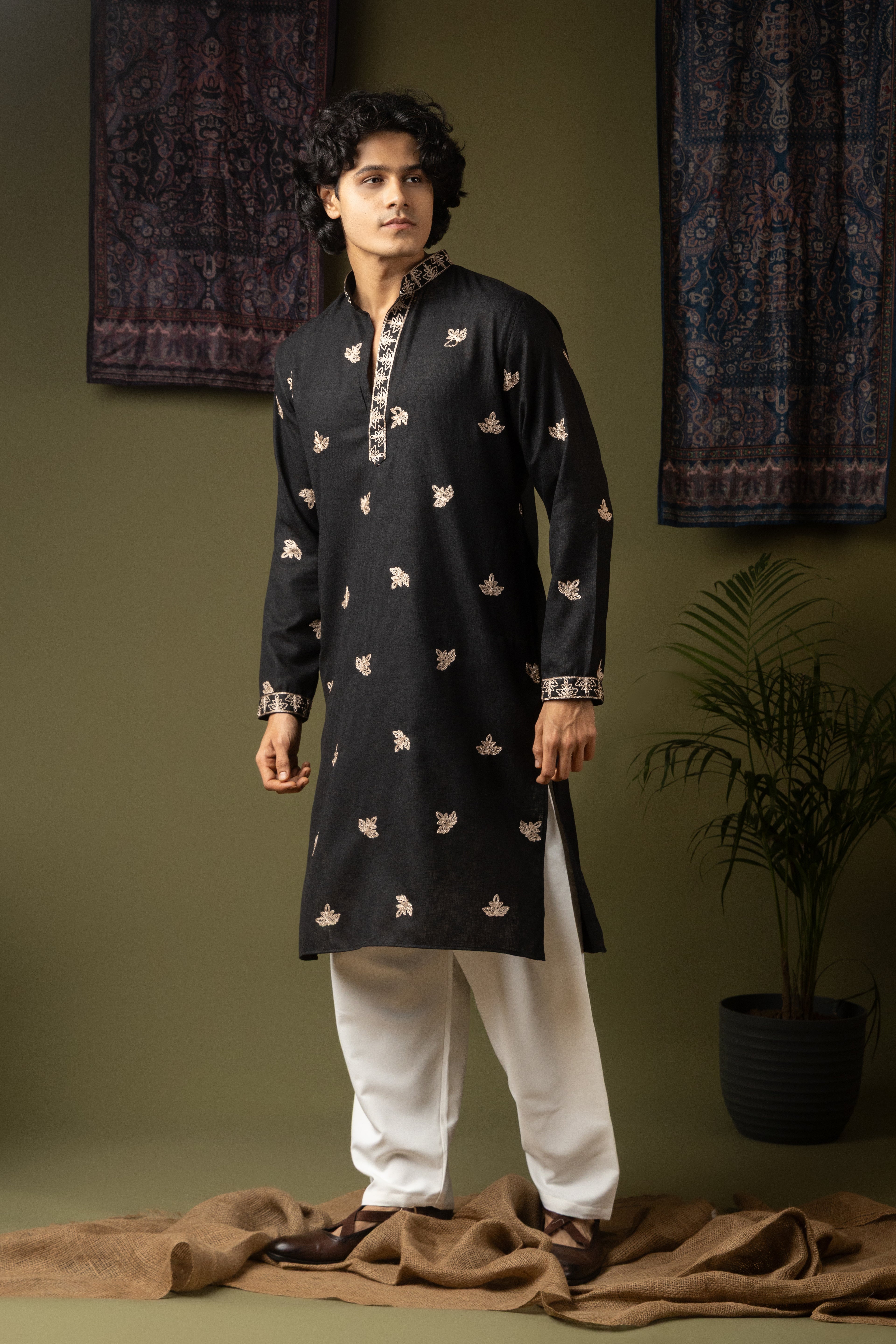 Striking Black Linen Kurta Set | Hand-Weaved Embroidered Mehandi Special