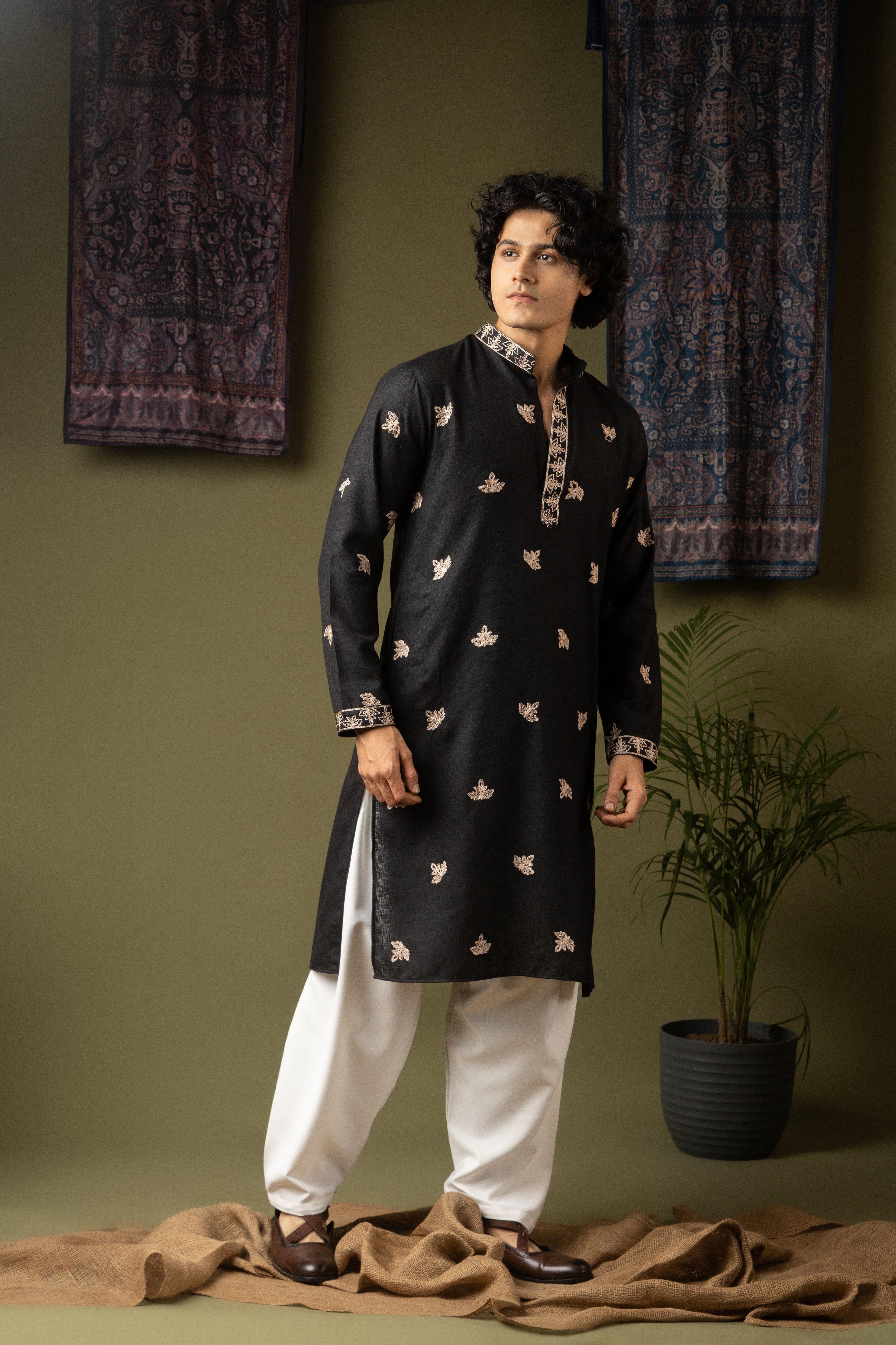 Striking Black Linen Kurta Set | Hand-Weaved Embroidered Mehandi Special