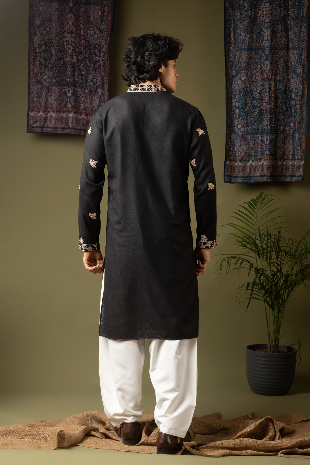Striking Black Linen Kurta Set | Hand-Weaved Embroidered Mehandi Special