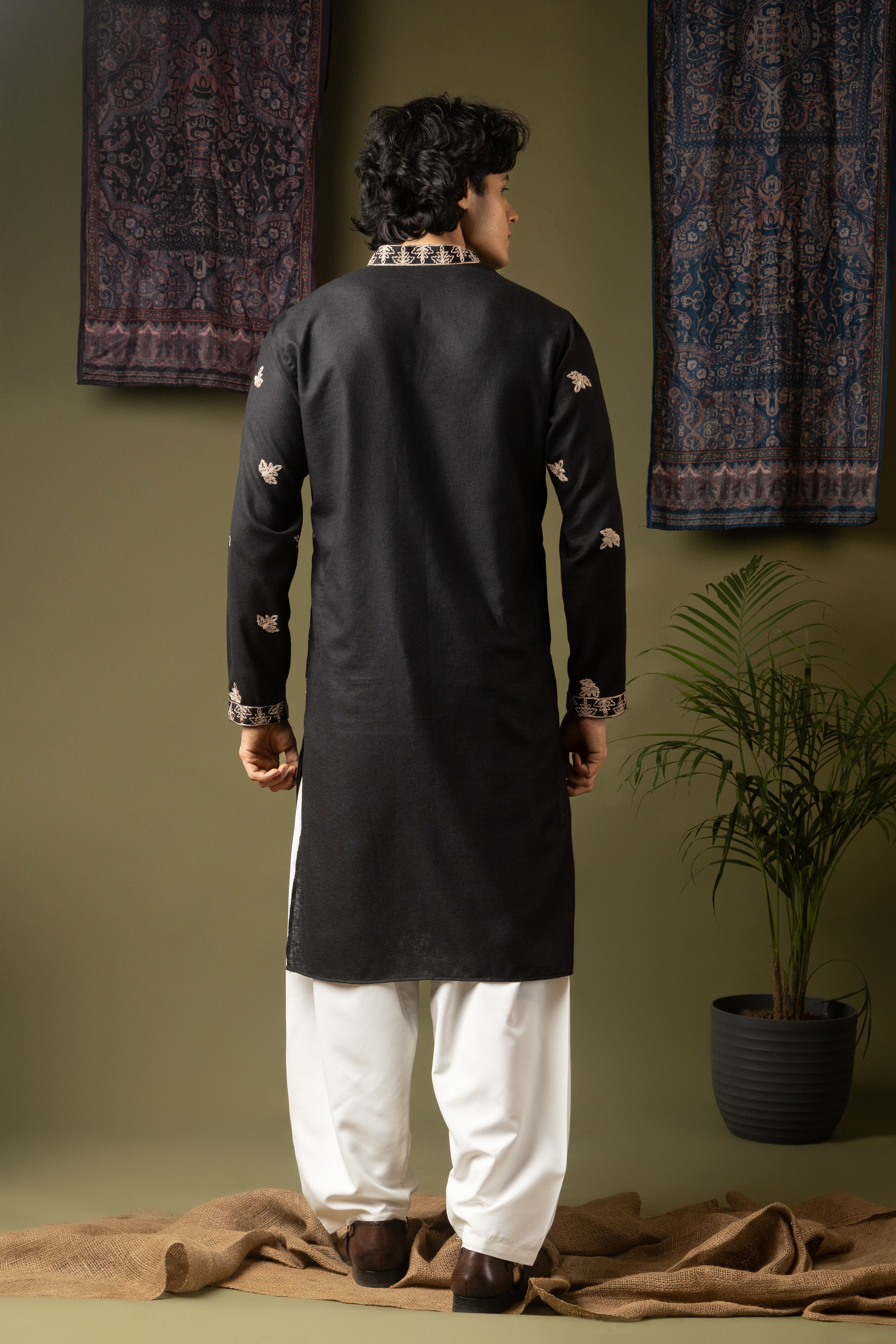 Striking Black Linen Kurta Set | Hand-Weaved Embroidered Mehandi Special