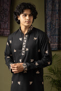 Striking Black Linen Kurta Set | Hand-Weaved Embroidered Mehandi Special