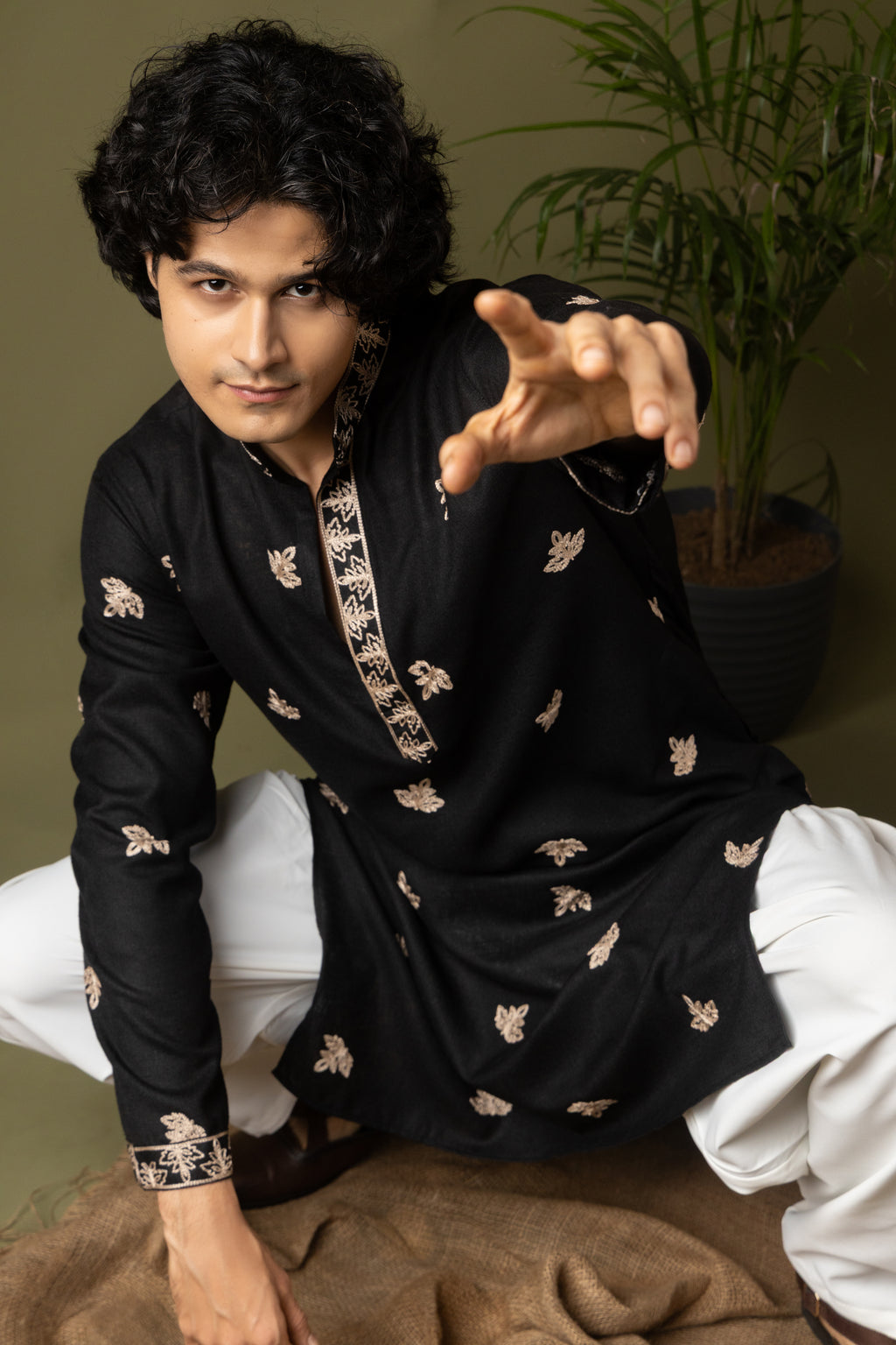 Striking Black Linen Kurta Set | Hand-Weaved Embroidered Mehandi Special