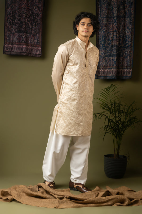 Regal Off White Silk Kurta Set | Hand-Weaved Embroidered Festive Couture