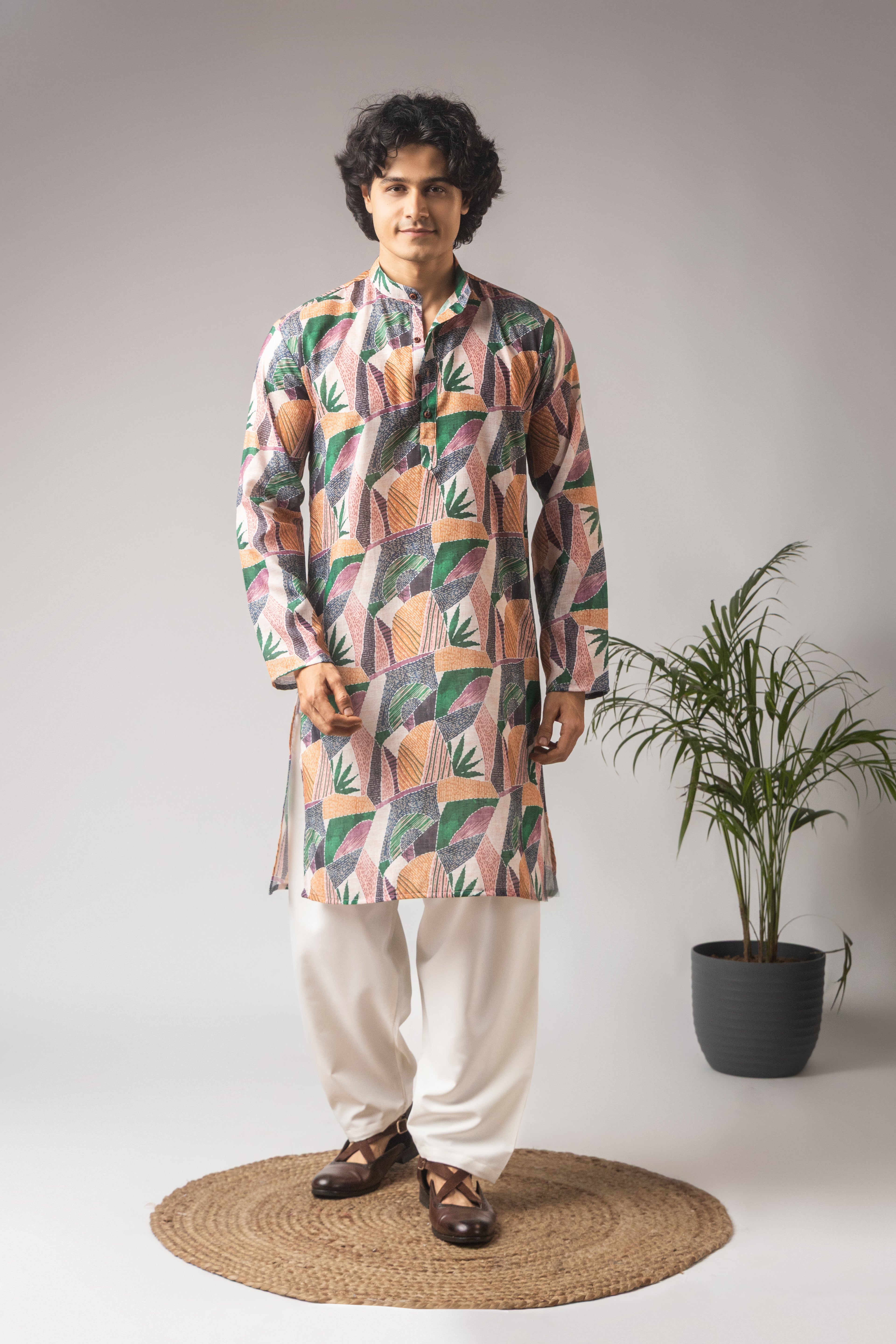 Vibrant Multicolor Linen Kurta Set | Printed Festive Celebration Wear
