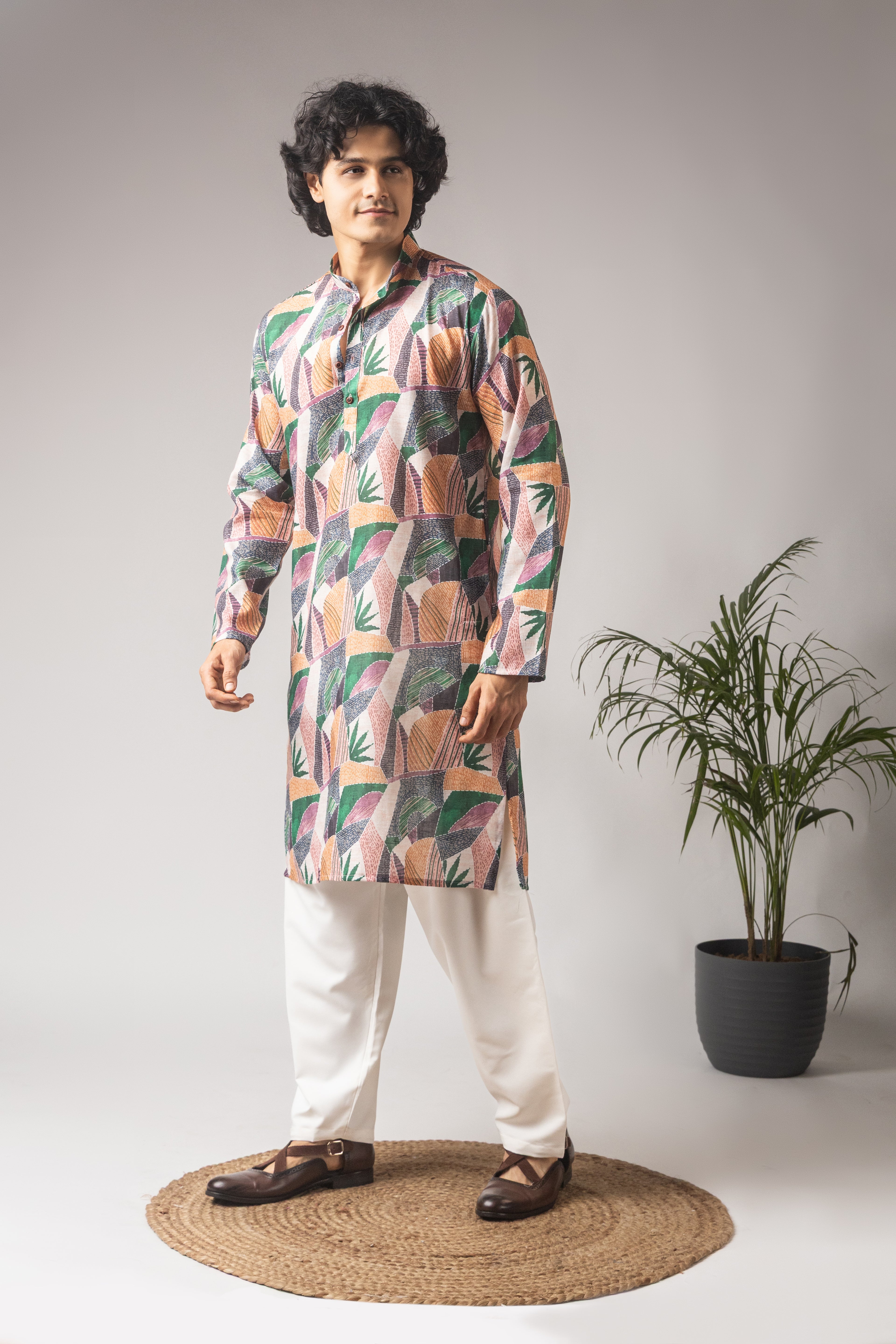 Vibrant Multicolor Linen Kurta Set | Printed Festive Celebration Wear