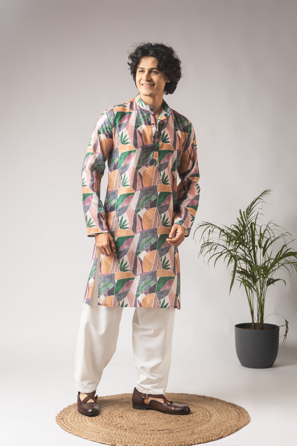 Vibrant Multicolor Linen Kurta Set | Printed Festive Celebration Wear