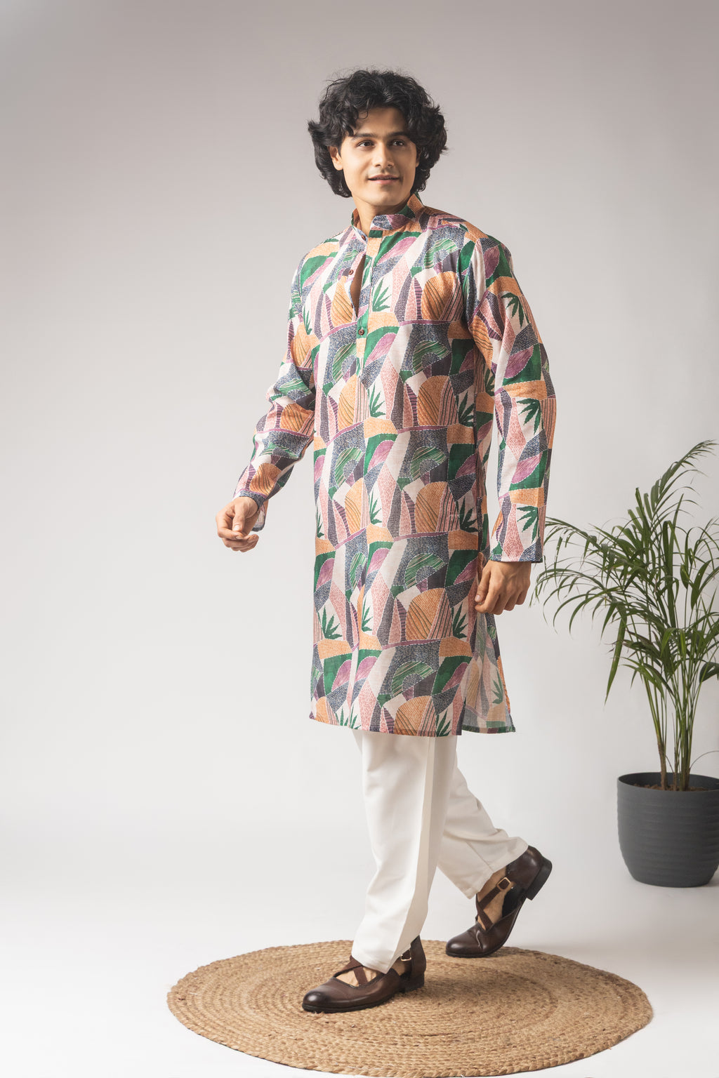 Vibrant Multicolor Linen Kurta Set | Printed Festive Celebration Wear