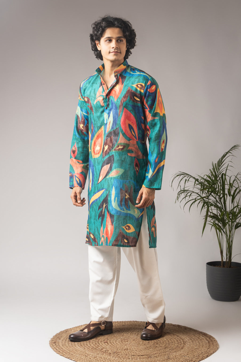 Elegant Peacock Green Linen Kurta Set | Printed Festive Traditional Wear