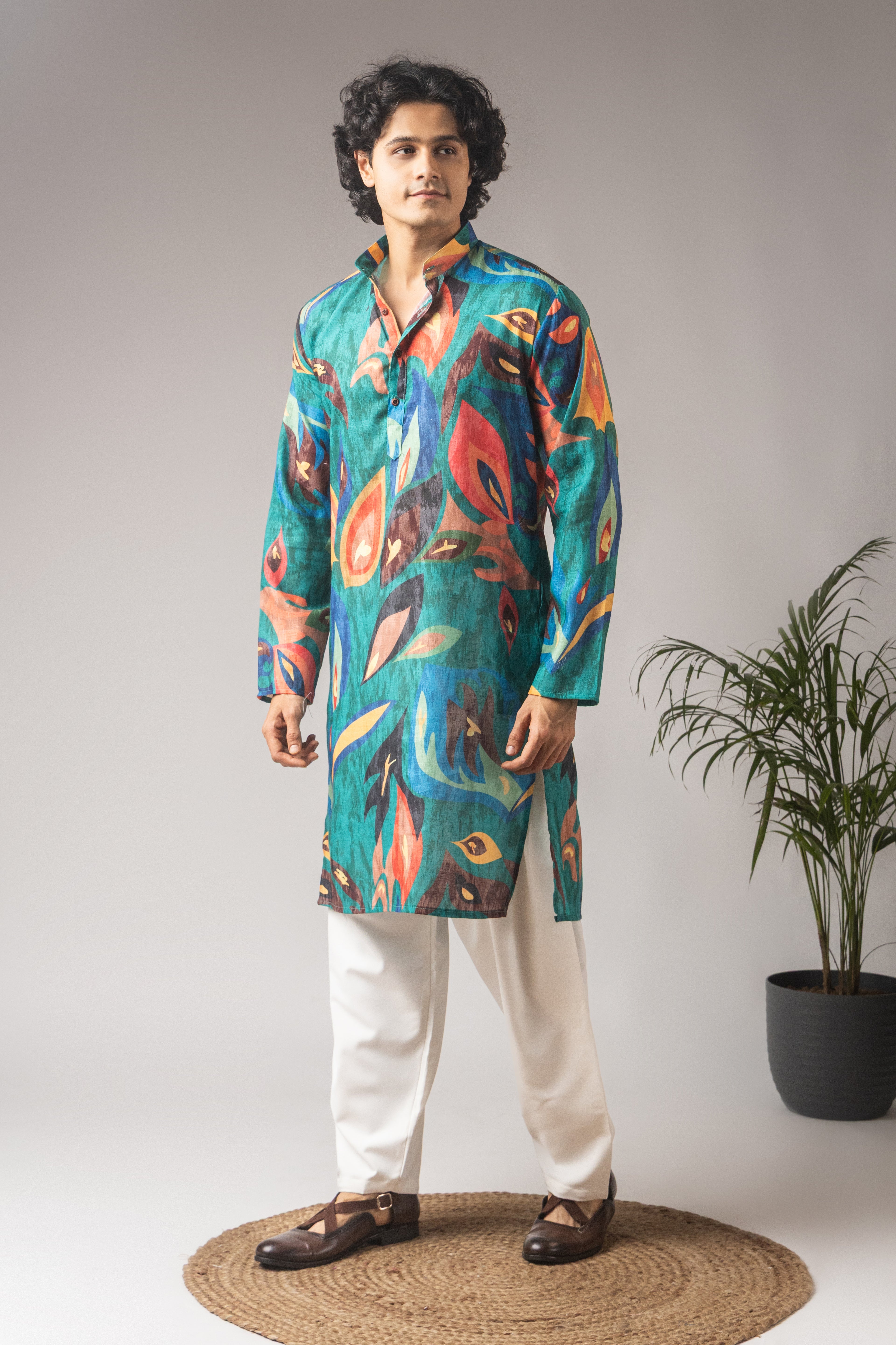 Elegant Peacock Green Linen Kurta Set | Printed Festive Traditional Wear