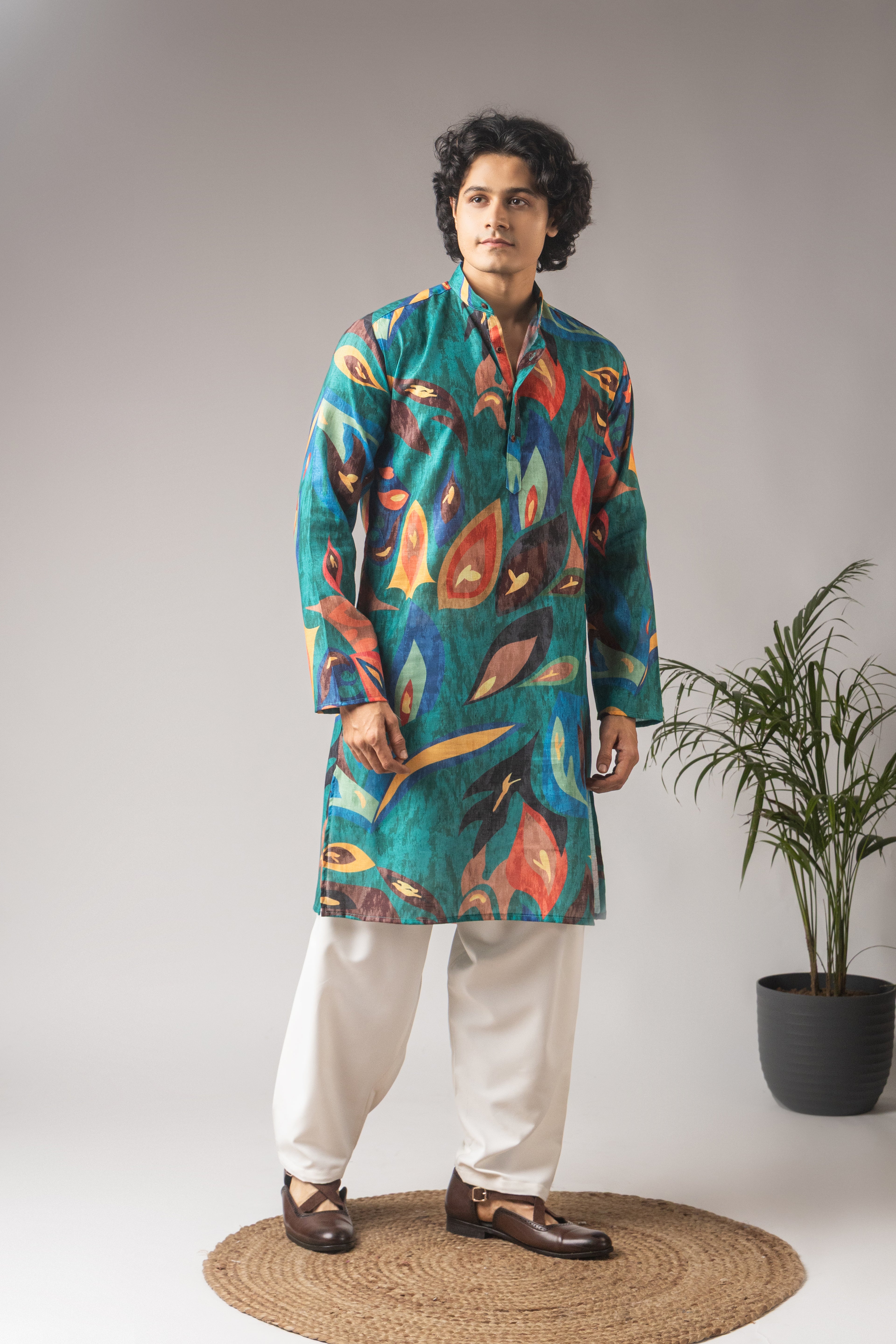 Elegant Peacock Green Linen Kurta Set | Printed Festive Traditional Wear