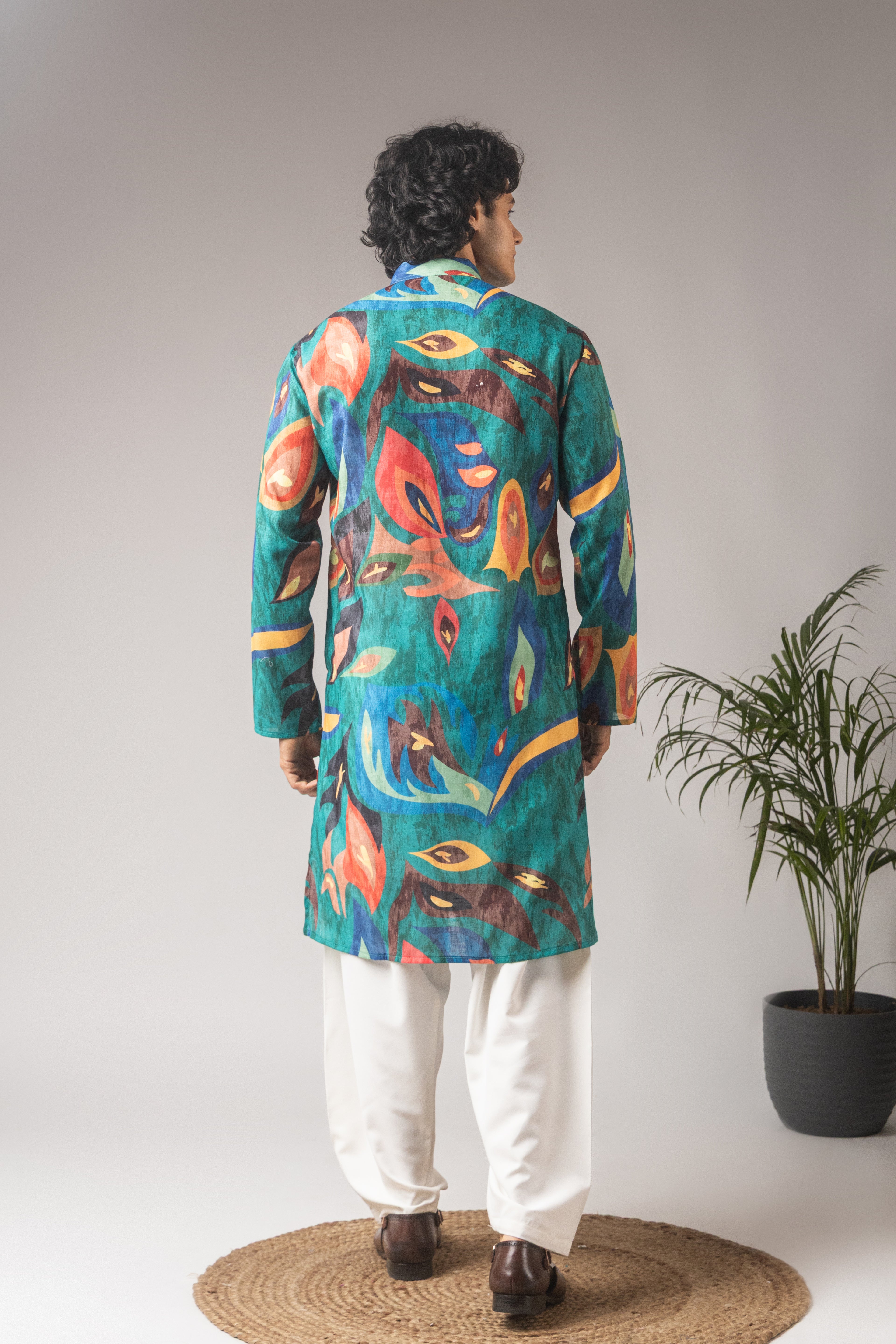 Elegant Peacock Green Linen Kurta Set | Printed Festive Traditional Wear