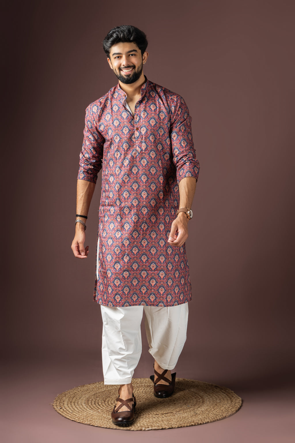 Wine Blended Cotton Weaved Kurta Set | Festive Traditional Wear