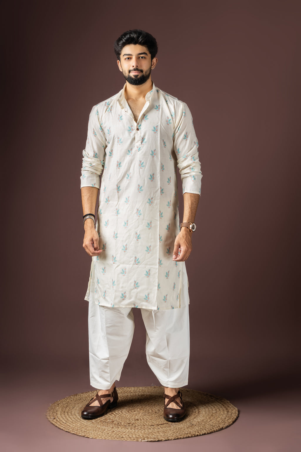 White Blended Cotton Weaved Kurta Set | Elegant Traditional Attire