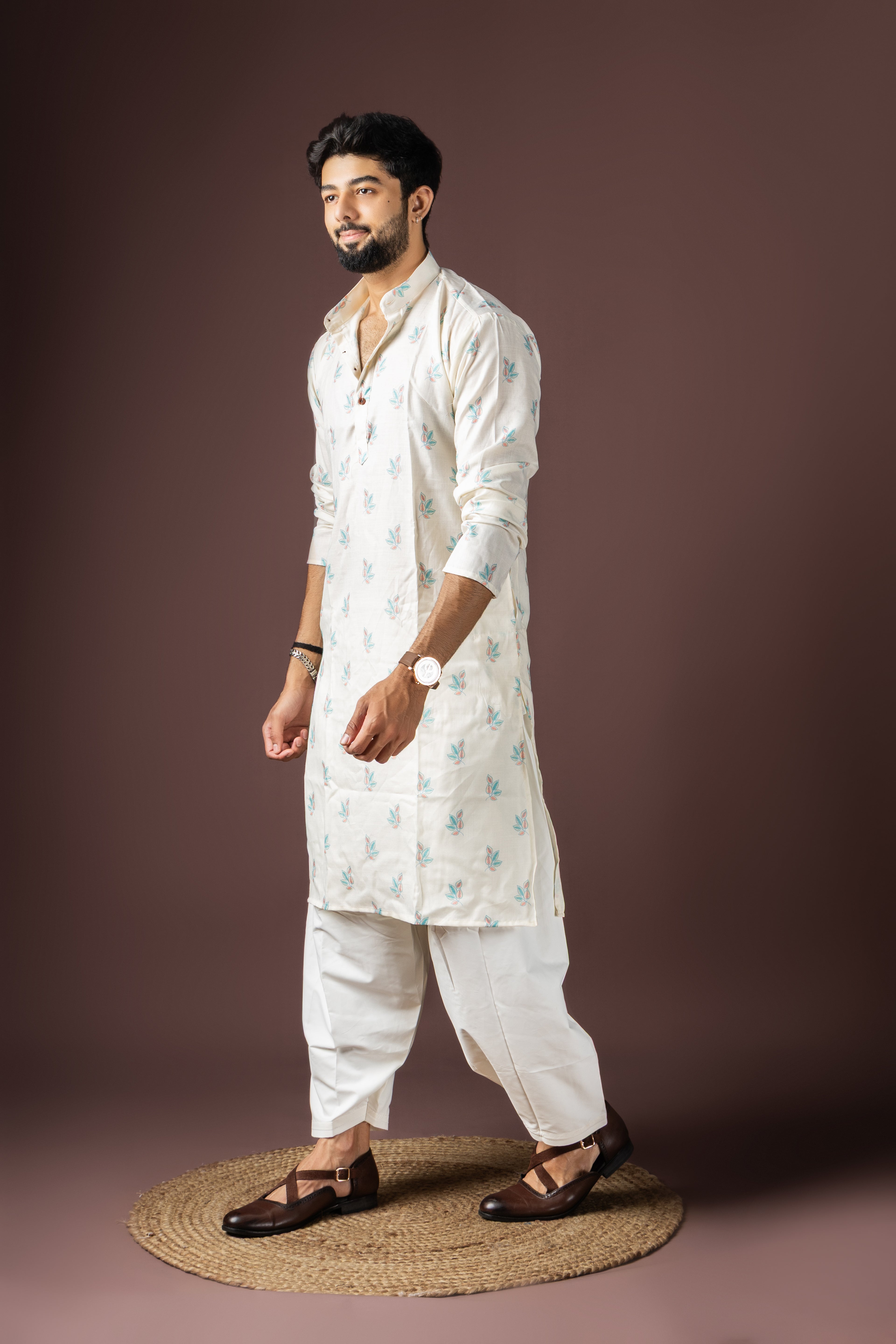 White Blended Cotton Weaved Kurta Set | Elegant Traditional Attire