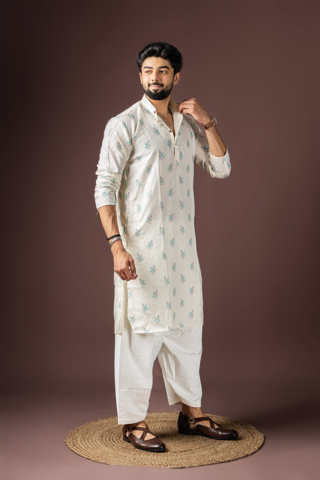 White Blended Cotton Weaved Kurta Set | Elegant Traditional Attire
