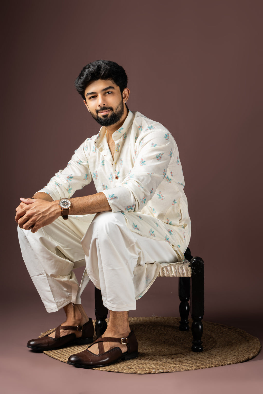White Blended Cotton Weaved Kurta Set | Elegant Traditional Attire
