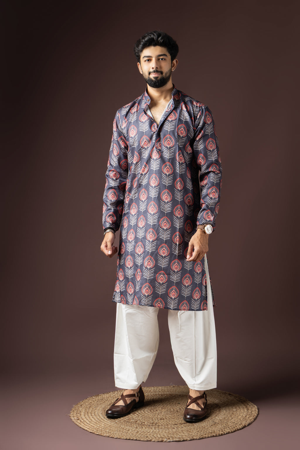 Dark Grey Blended Cotton Weaved Kurta Set | Sophisticated Festive Wear
