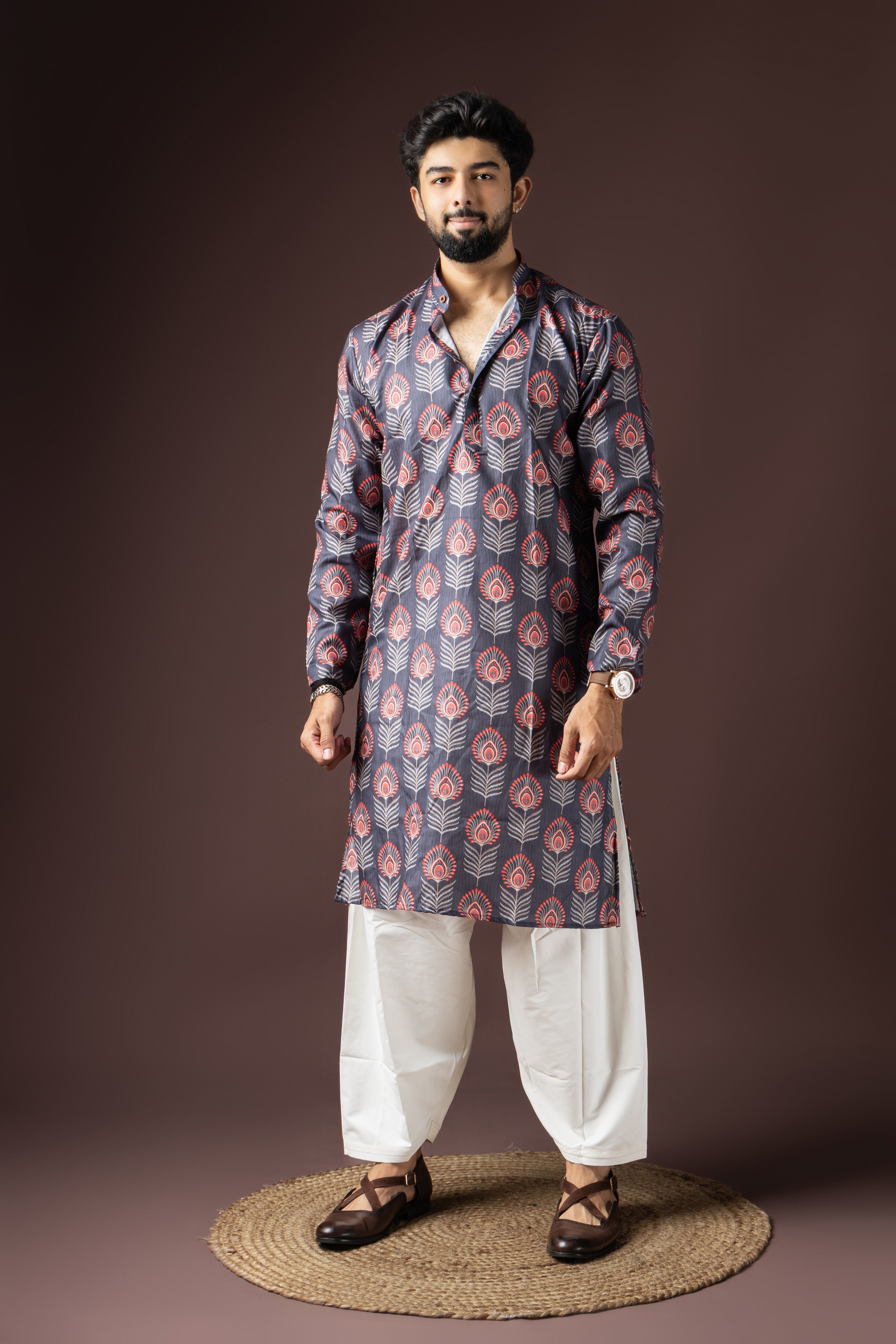 Dark Grey Blended Cotton Weaved Kurta Set | Sophisticated Festive Wear