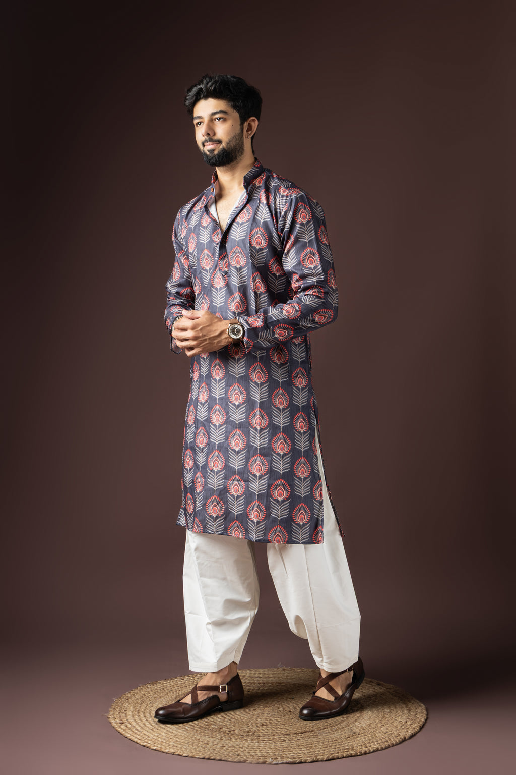 Dark Grey Blended Cotton Weaved Kurta Set | Sophisticated Festive Wear