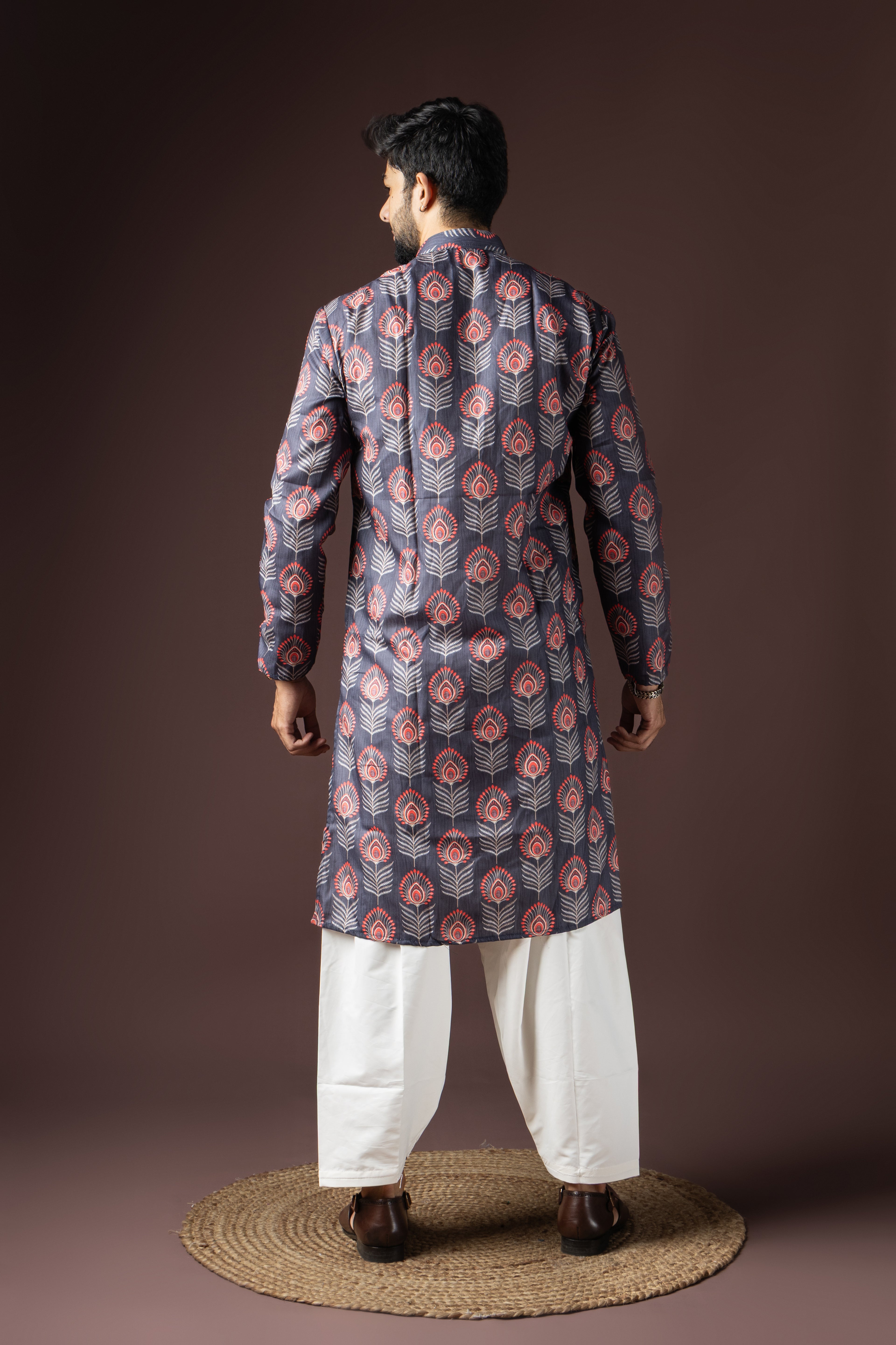 Dark Grey Blended Cotton Weaved Kurta Set | Sophisticated Festive Wear