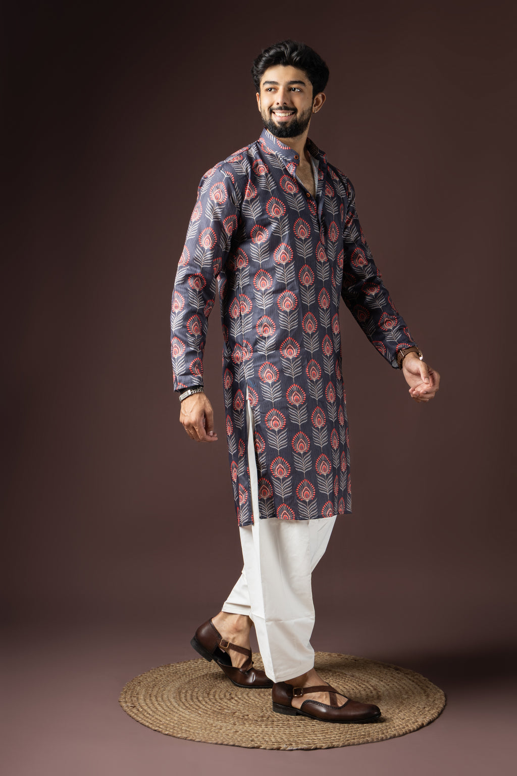 Dark Grey Blended Cotton Weaved Kurta Set | Sophisticated Festive Wear