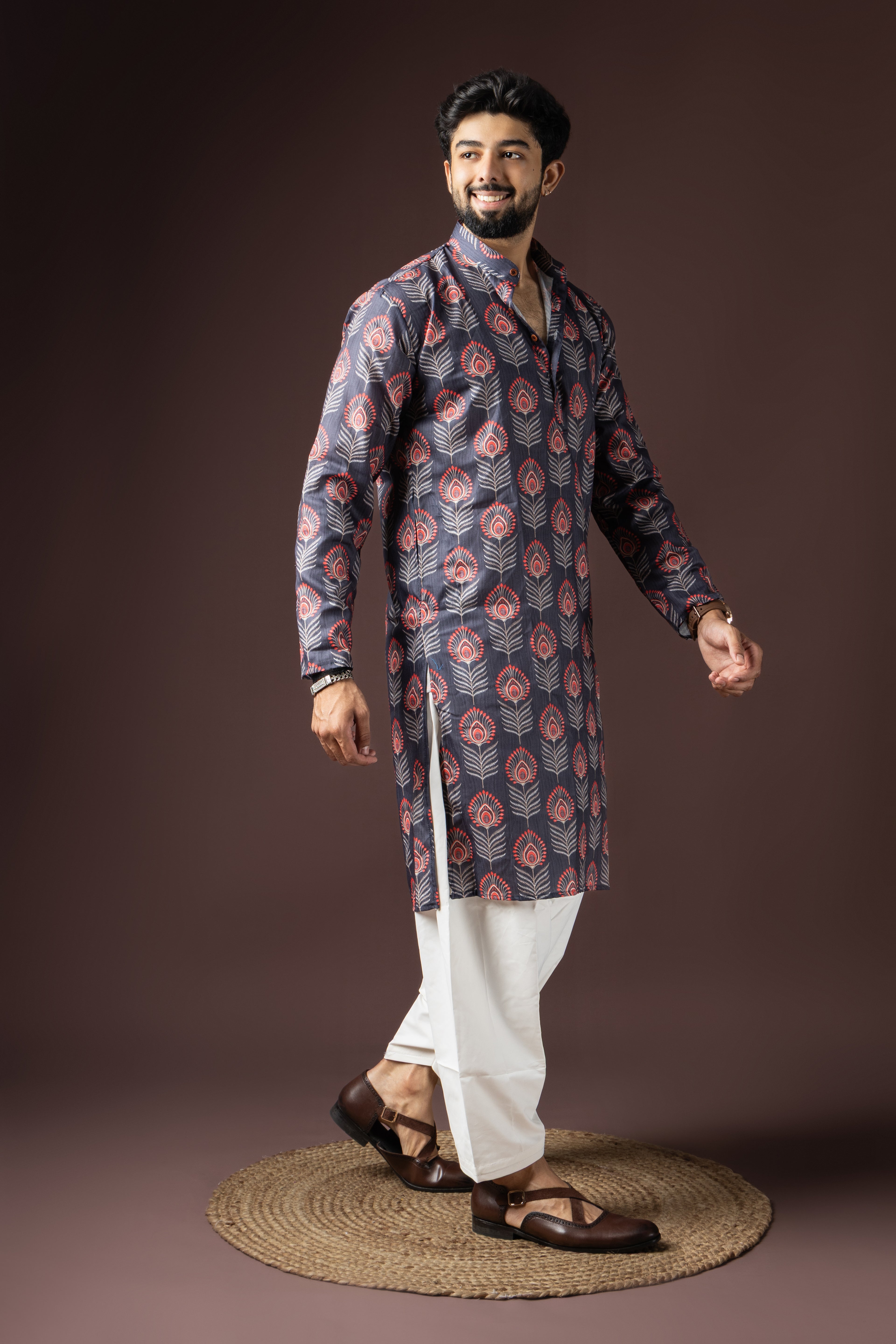 Dark Grey Blended Cotton Weaved Kurta Set | Sophisticated Festive Wear