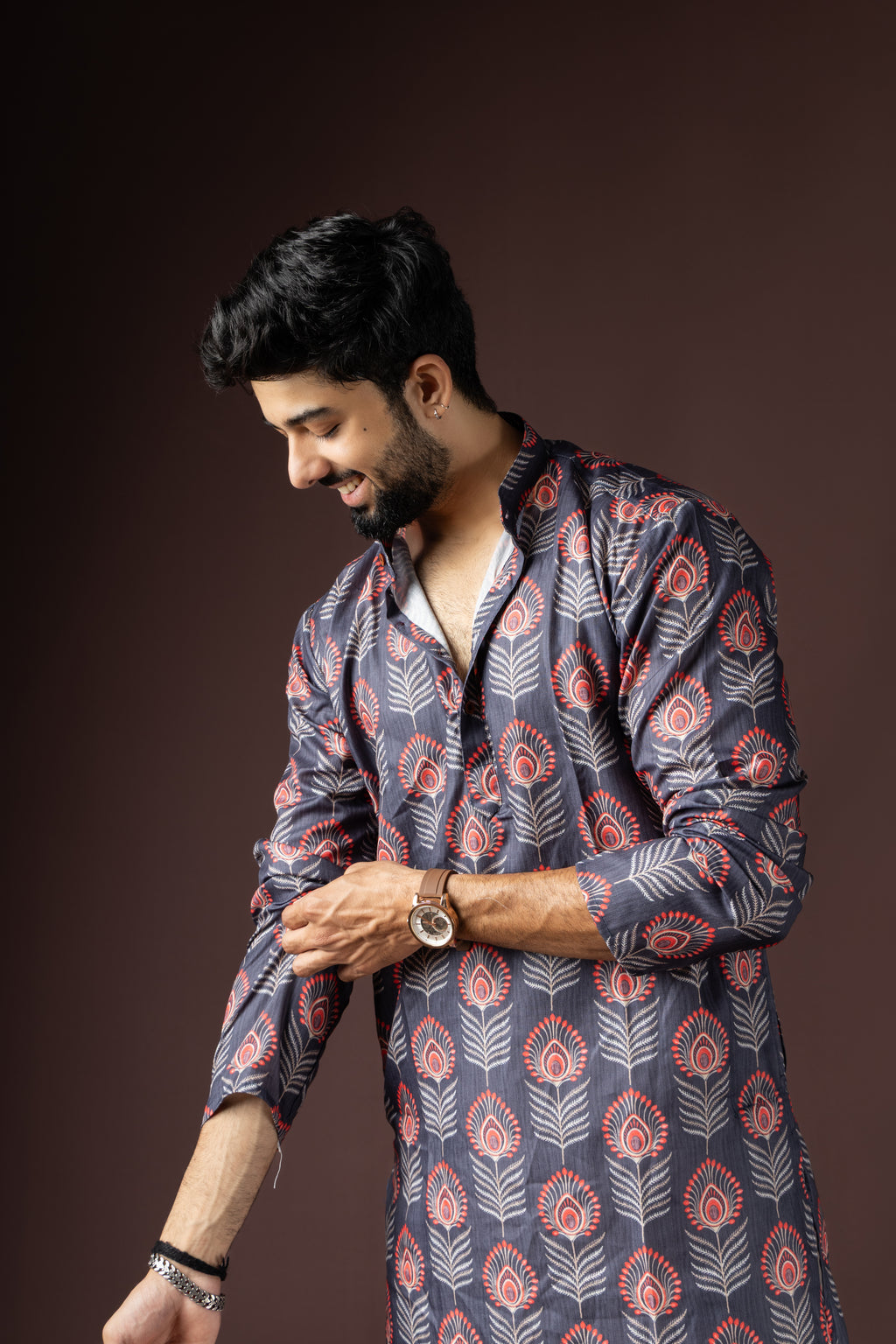 Dark Grey Blended Cotton Weaved Kurta Set | Sophisticated Festive Wear